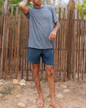 Sun Knit Linen T-Shirt - Sustainable French Linen / Blue and White Stripe Sail