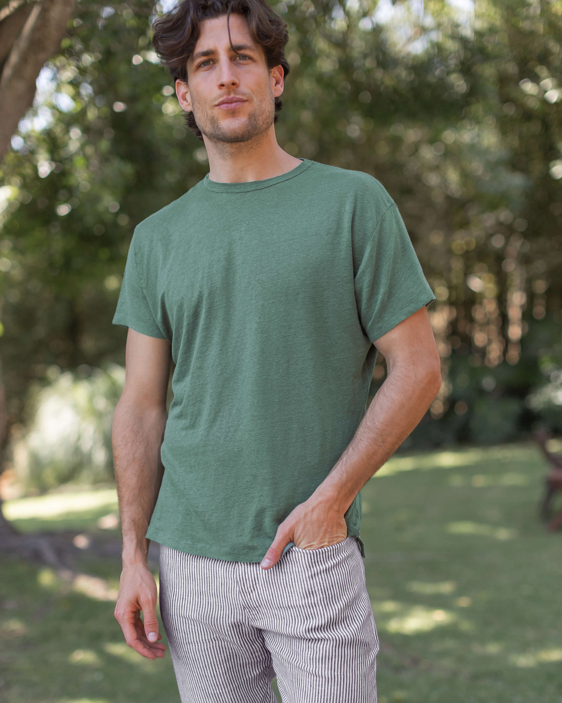 Sun Knit Linen T-Shirt - Sustainable French Linen / Forest Green Pine