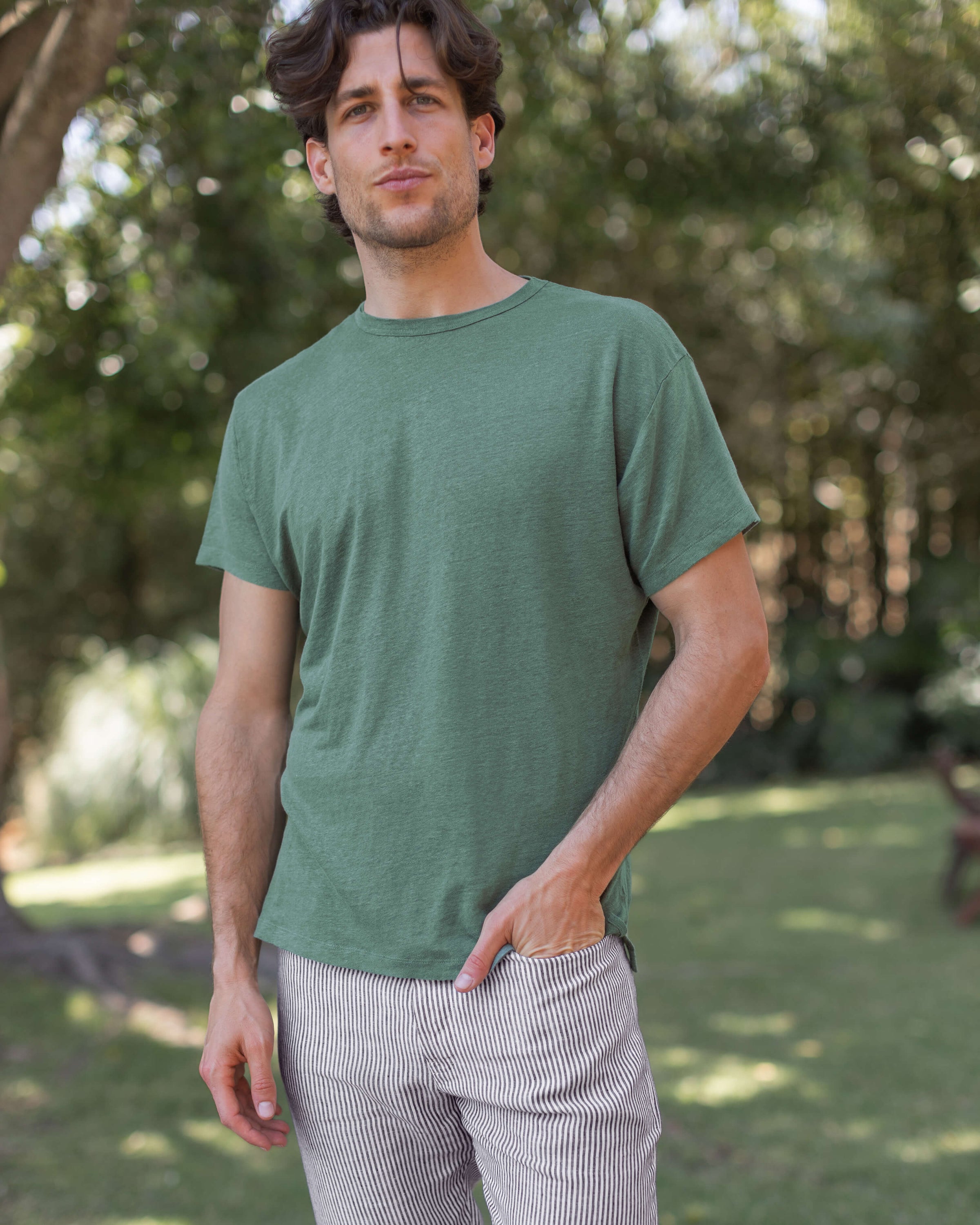 Sun Knit Linen T-Shirt - Sustainable French Linen / Forest Green Pine