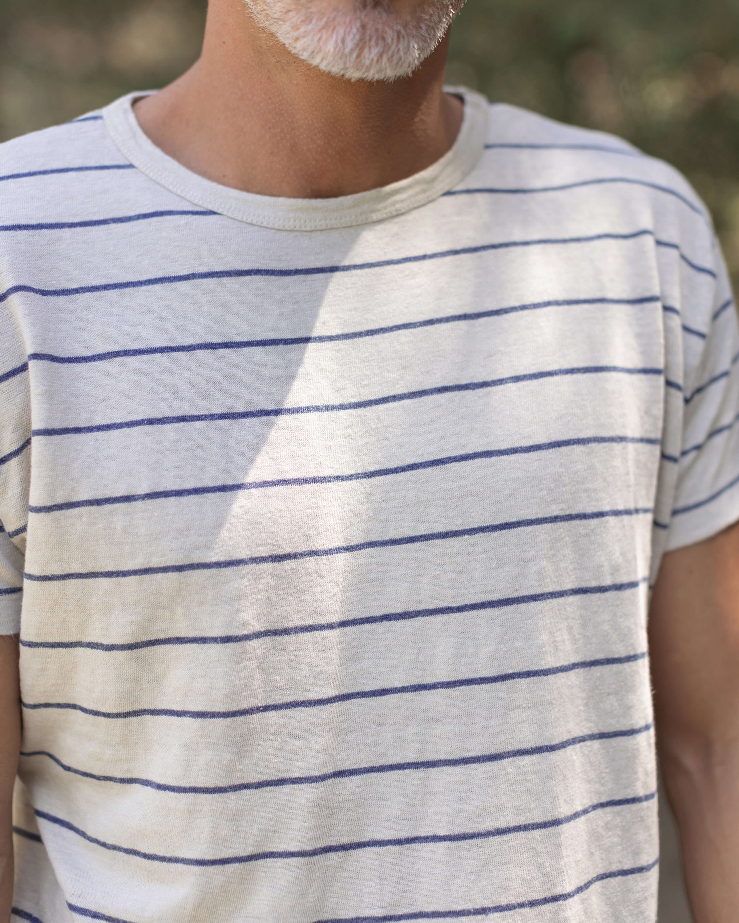 Sun Knit Linen T-Shirt - Sustainable French Linen / Natural and Blue Stripe Rio