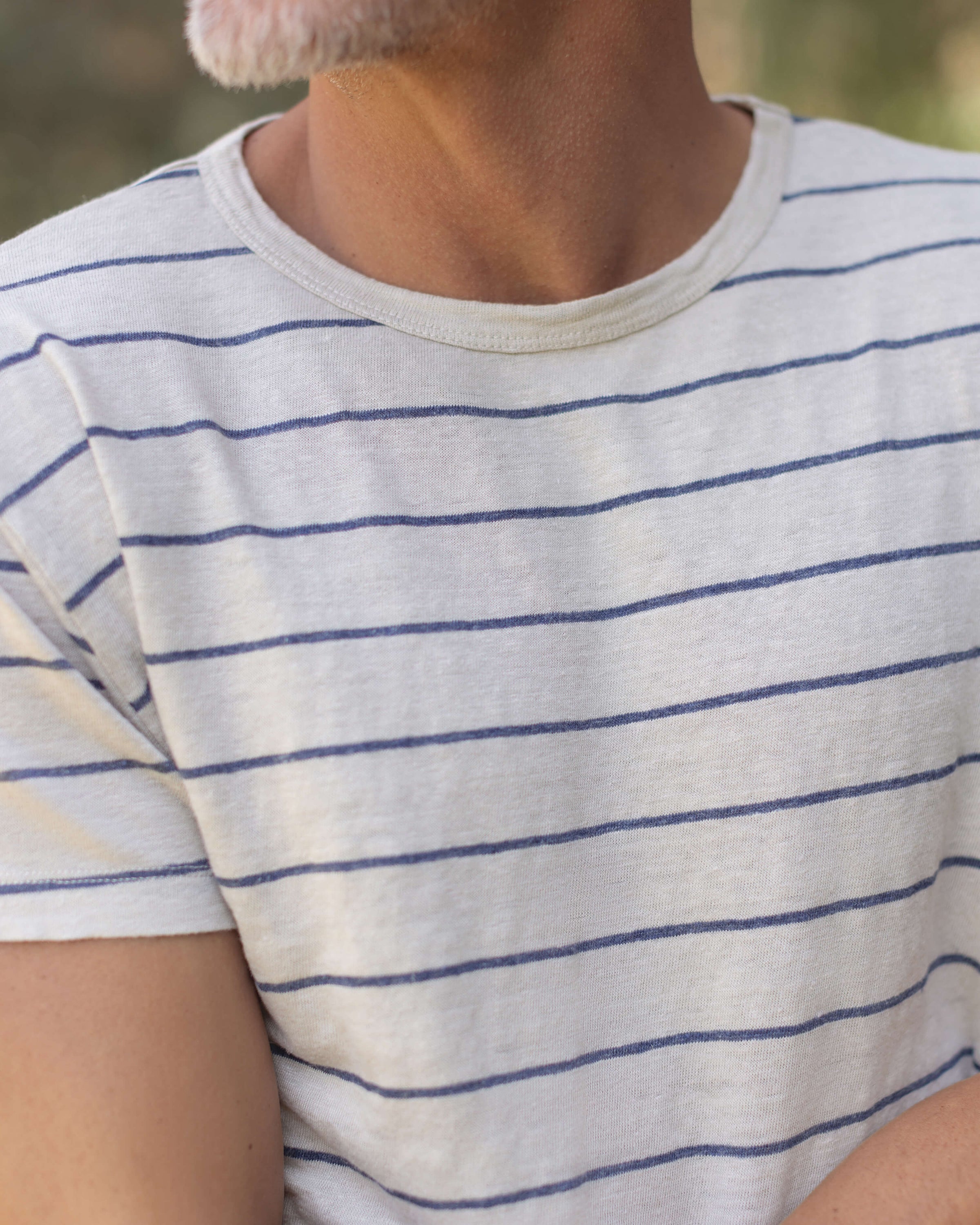 Sun Knit Linen T-Shirt - Sustainable French Linen / Natural and Blue Stripe Rio