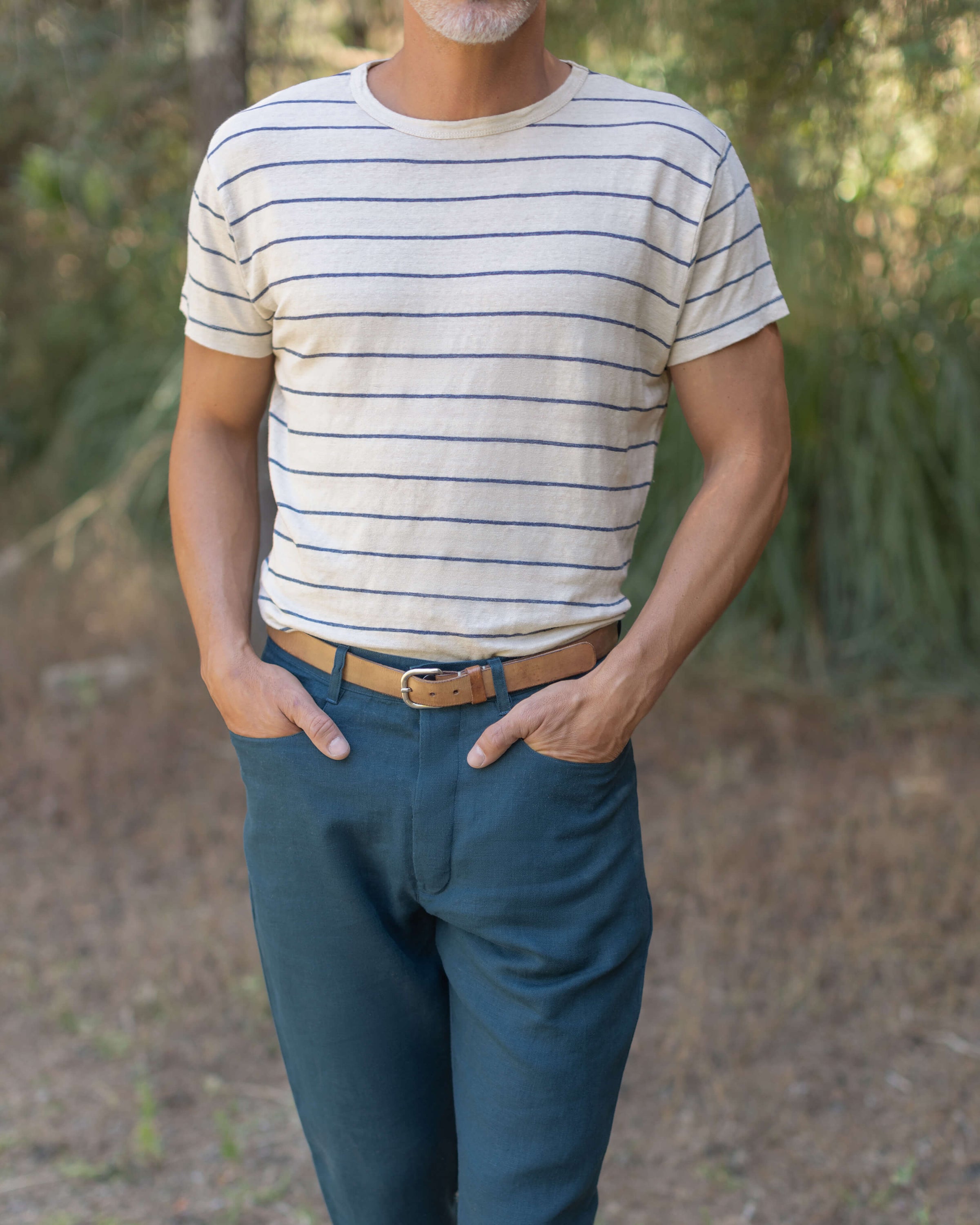Sun Knit Linen T-Shirt - Sustainable French Linen / Natural and Blue Stripe Rio