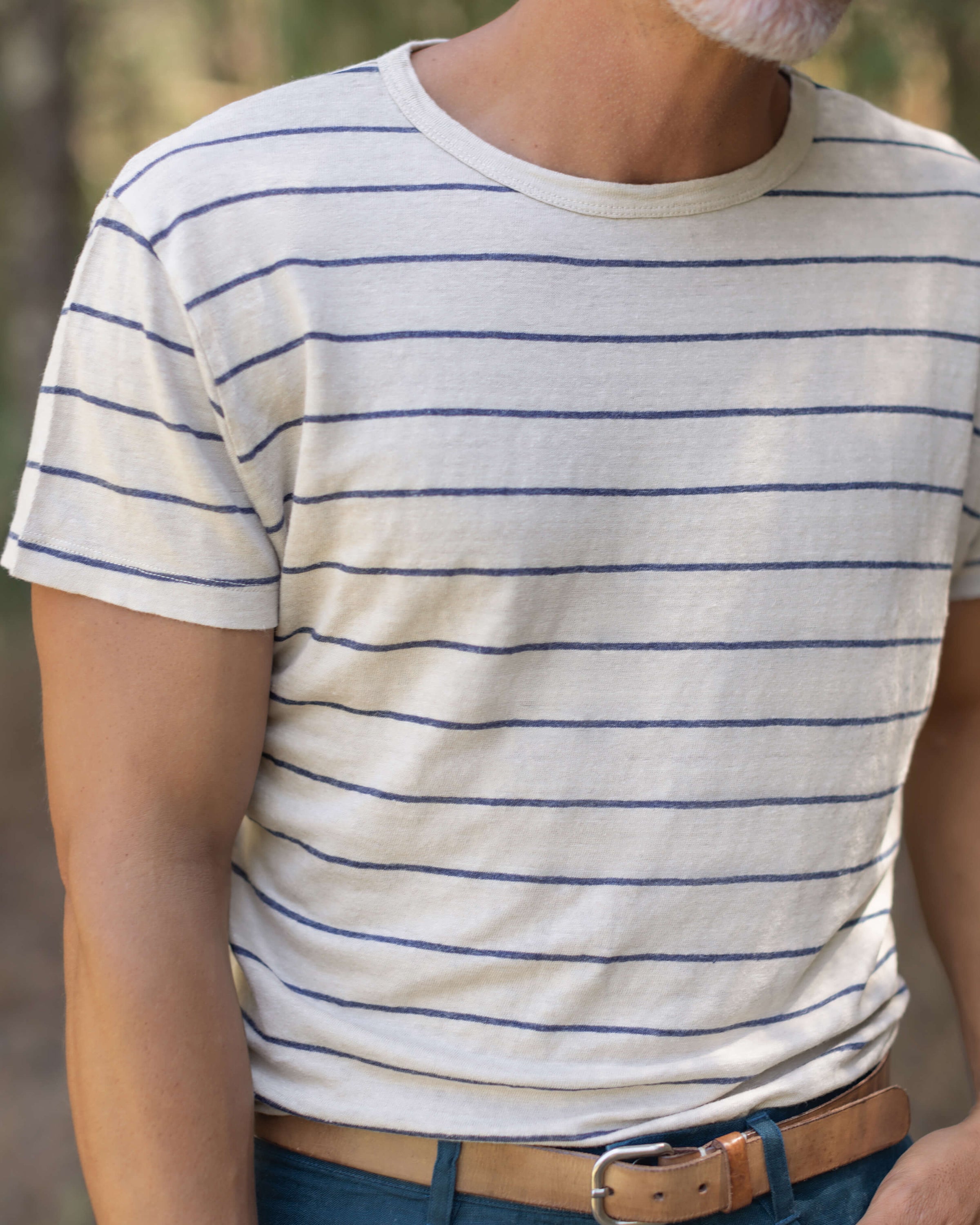 Sun Knit Linen T-Shirt - Sustainable French Linen / Natural and Blue Stripe Rio