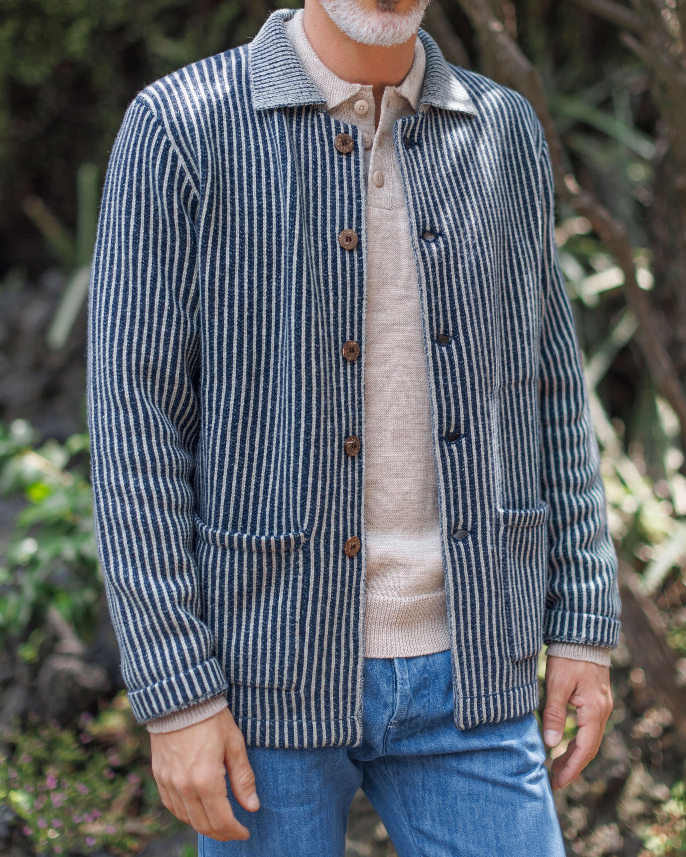 Knit Kite Heavyweight Merino Wool Jacket / Blue and White Stripe Lines