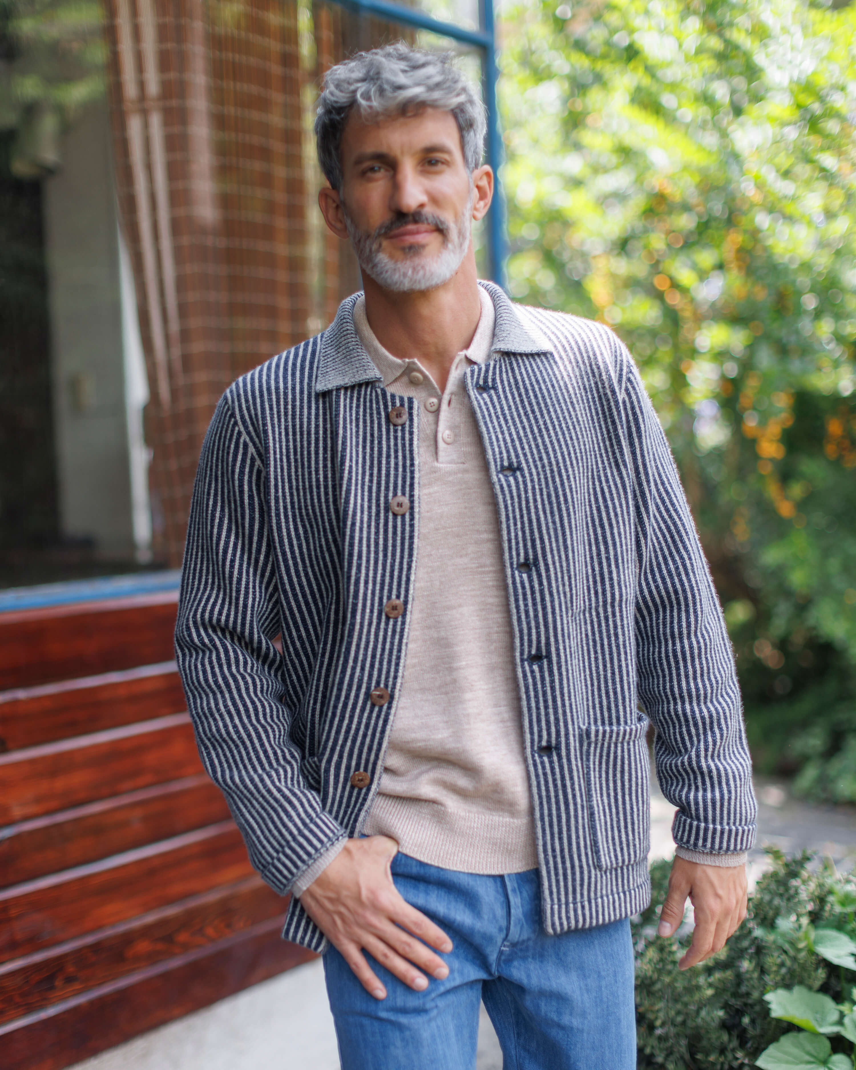 Knit Kite Heavyweight Merino Wool Jacket / Blue and White Stripe
