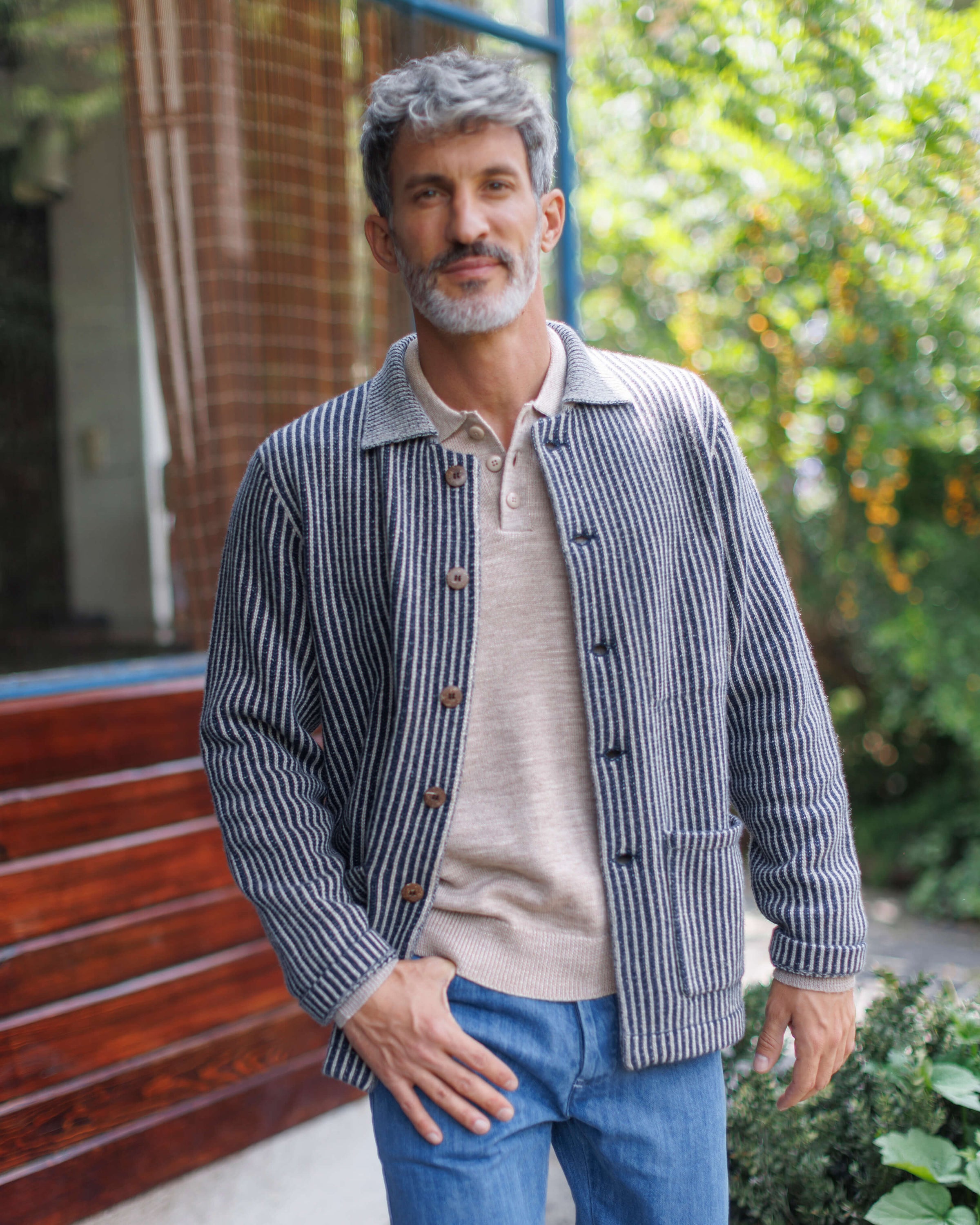 Knit Kite Heavyweight Merino Wool Jacket / Blue and White Stripe Lines