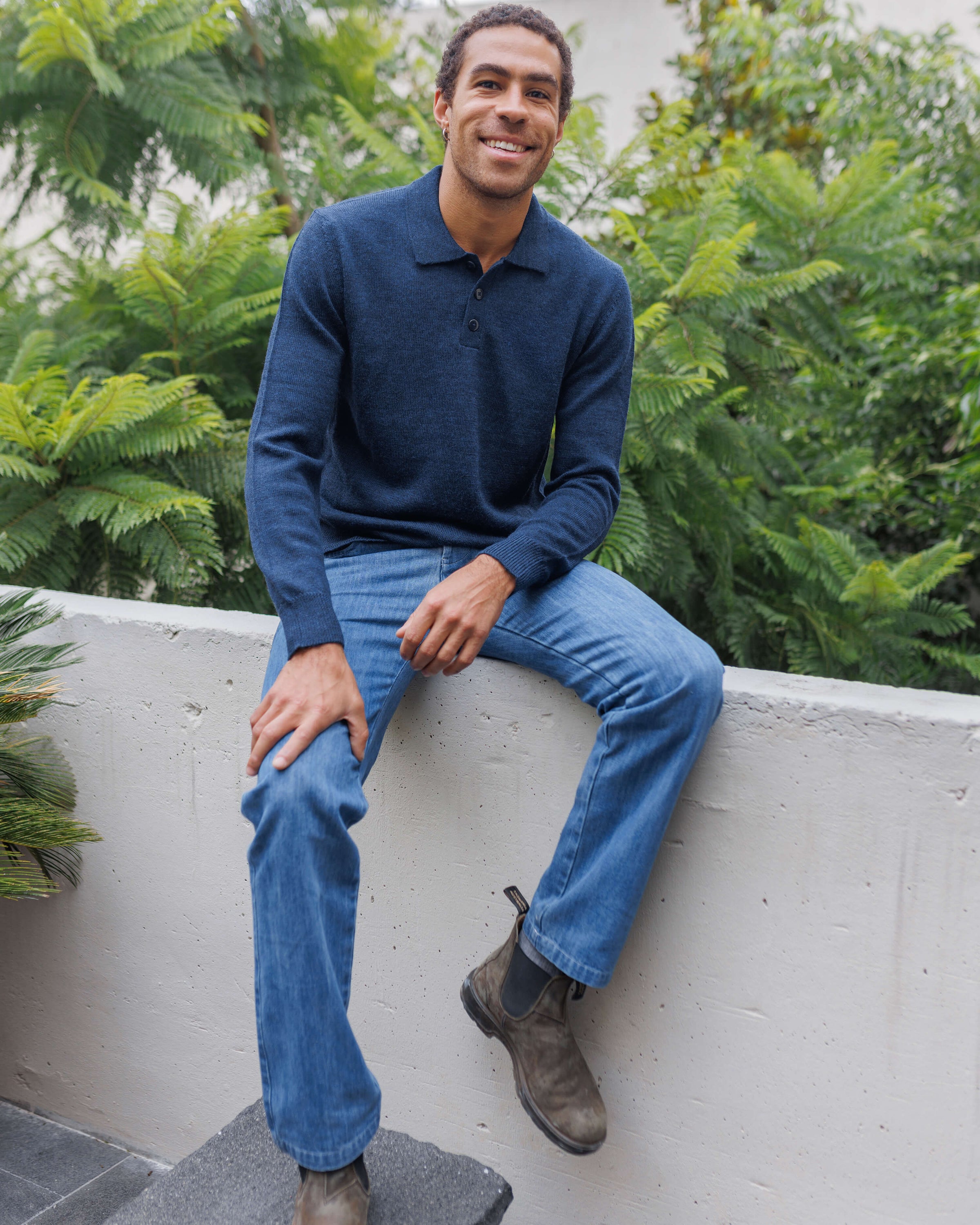 Achor Organic Merino Wool Long Sleeve Polo / Deep Blue Indigo
