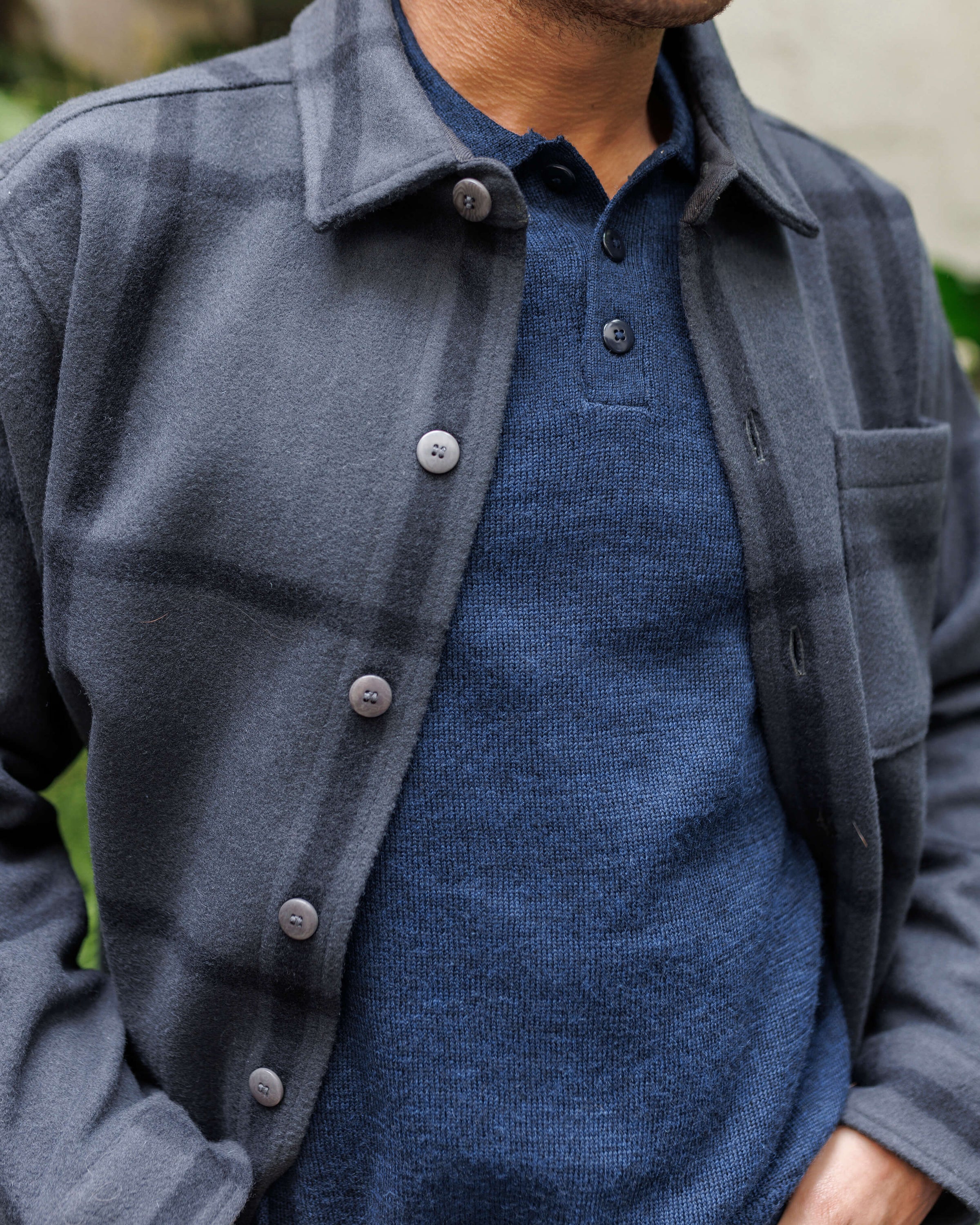 Achor Organic Merino Wool Long Sleeve Polo / Deep Blue Indigo