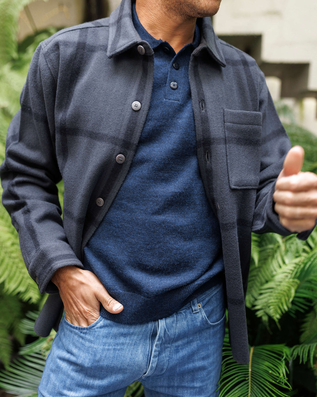 Achor Organic Merino Wool Long Sleeve Polo / Deep Blue Indigo