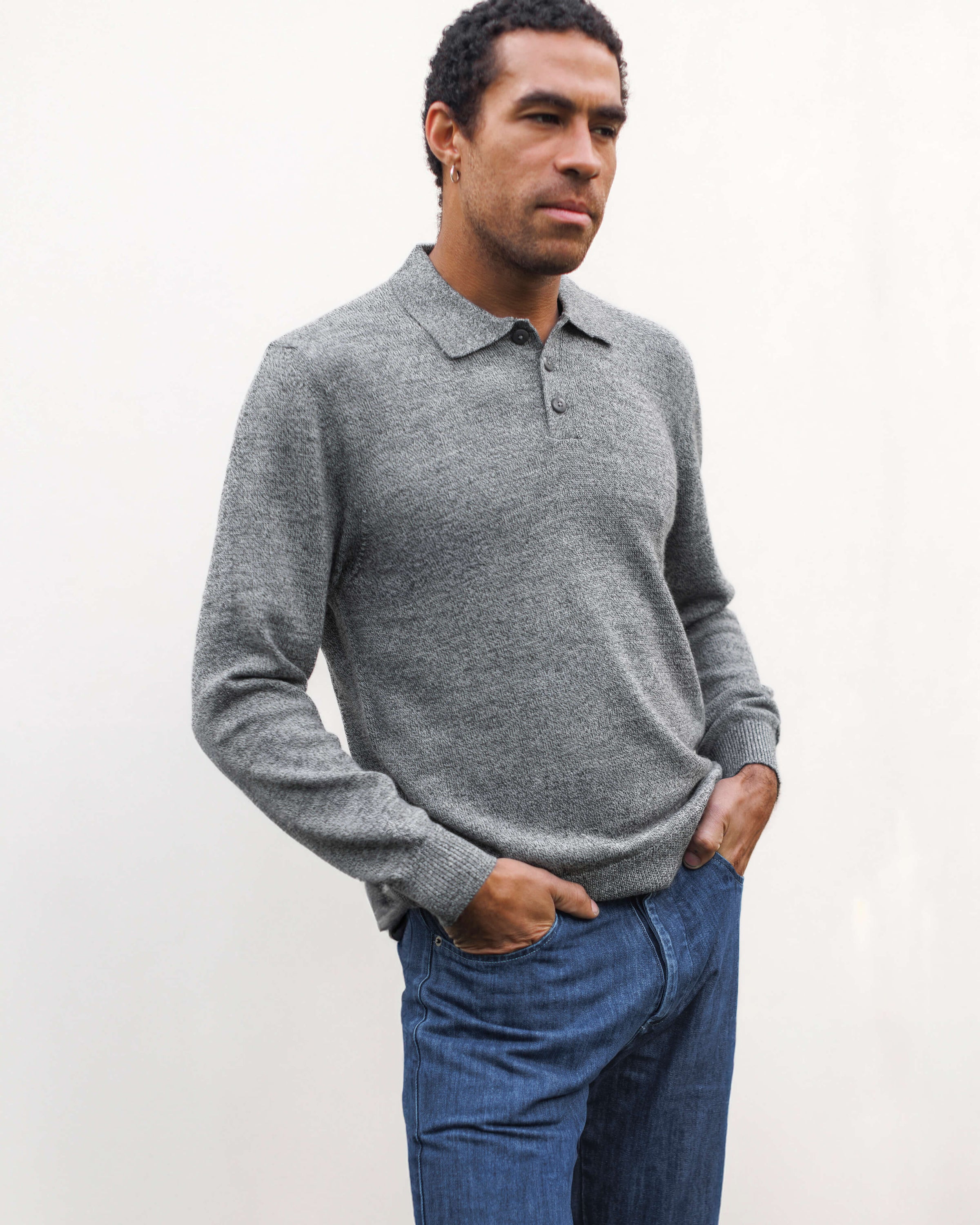Achor Organic Merino Wool Long Sleeve Polo / Heather Grey Waterfall