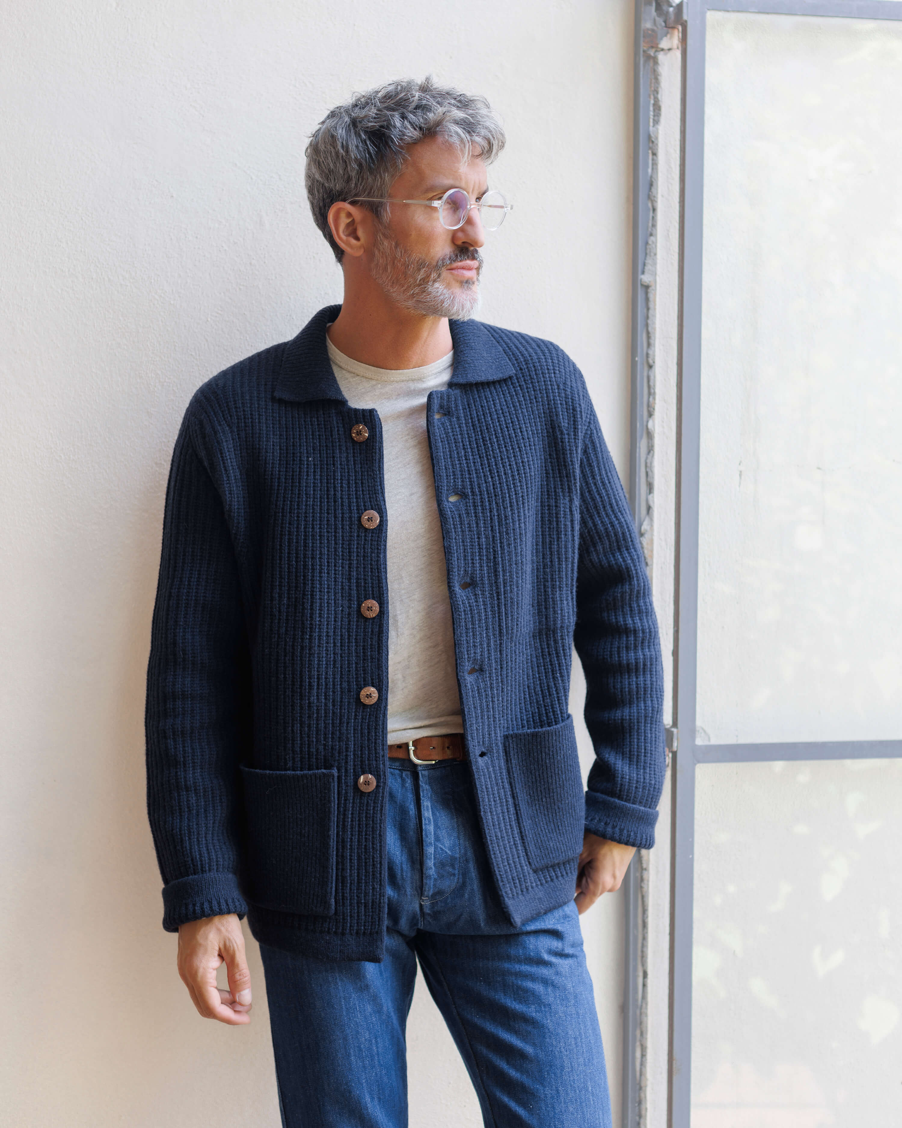☆ebure エブール　Cotton Silk knit Jacket☆ Knit Kite Heavyweight Merino Wool Jacket / Deep Blue Indigo – Alex