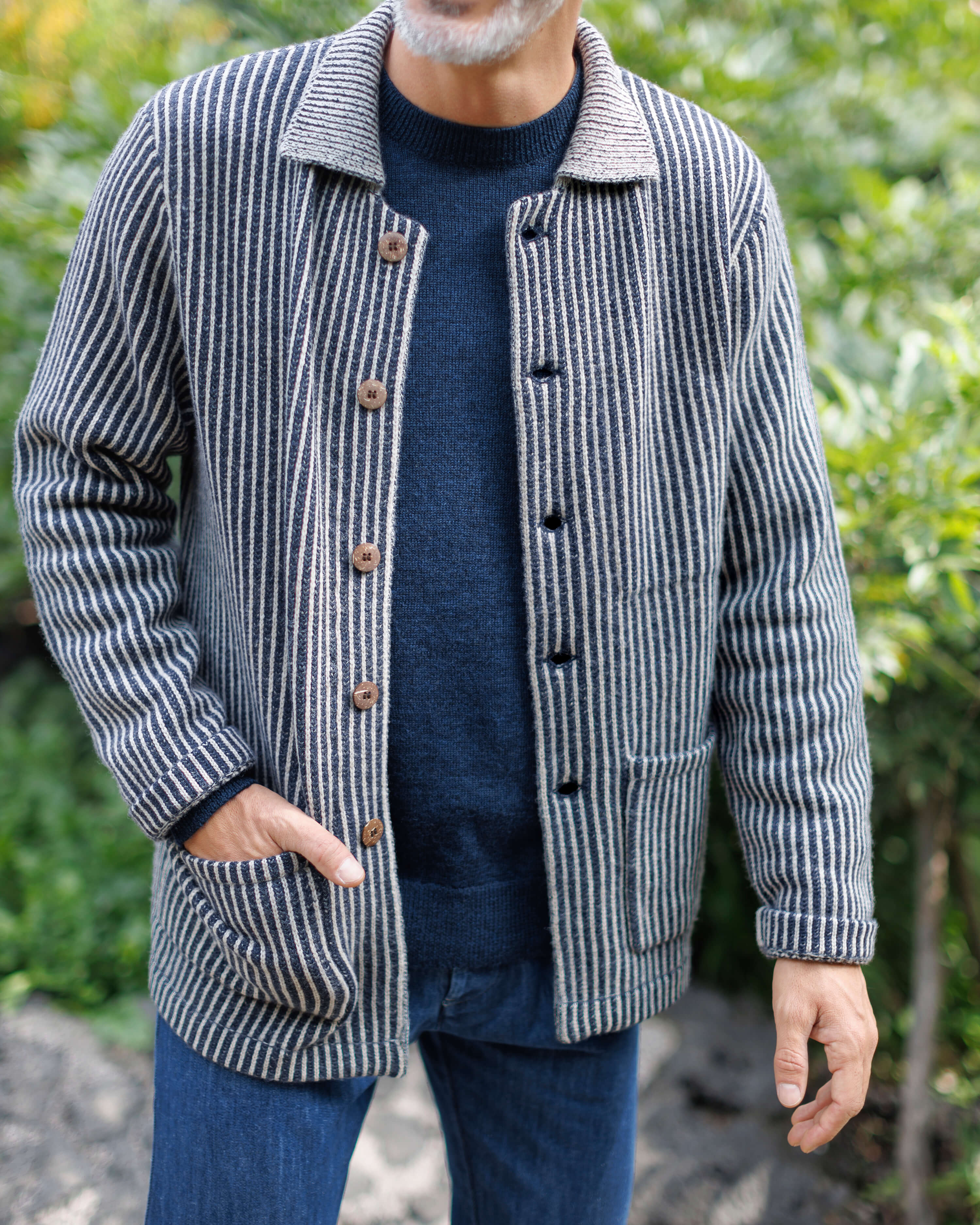 Knit Kite Heavyweight Merino Wool Jacket / Blue and White Stripe
