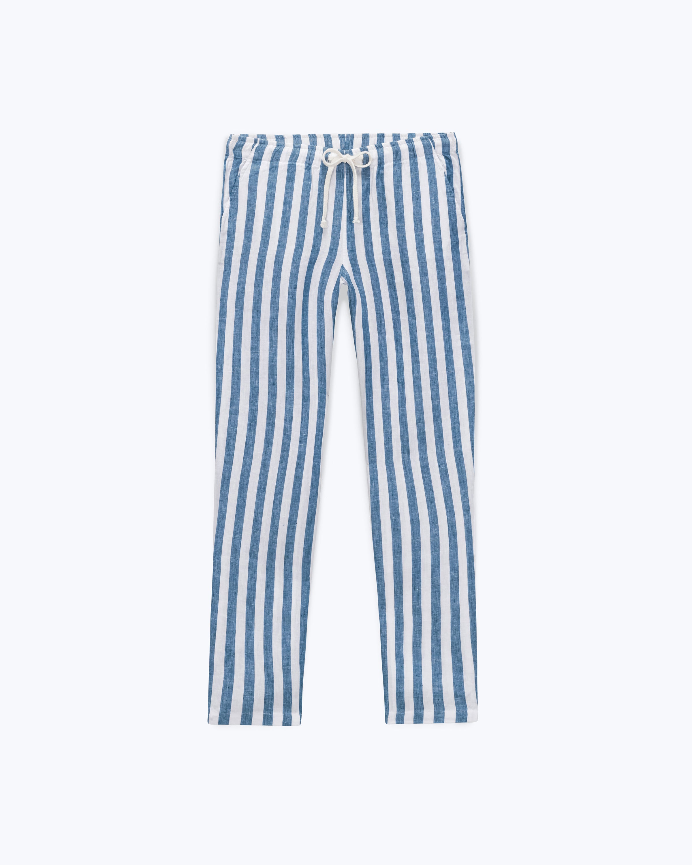 Bo Linen Drawstring Pants - Sustainable French Linen / Blue and White Thick Stripe Big Wave