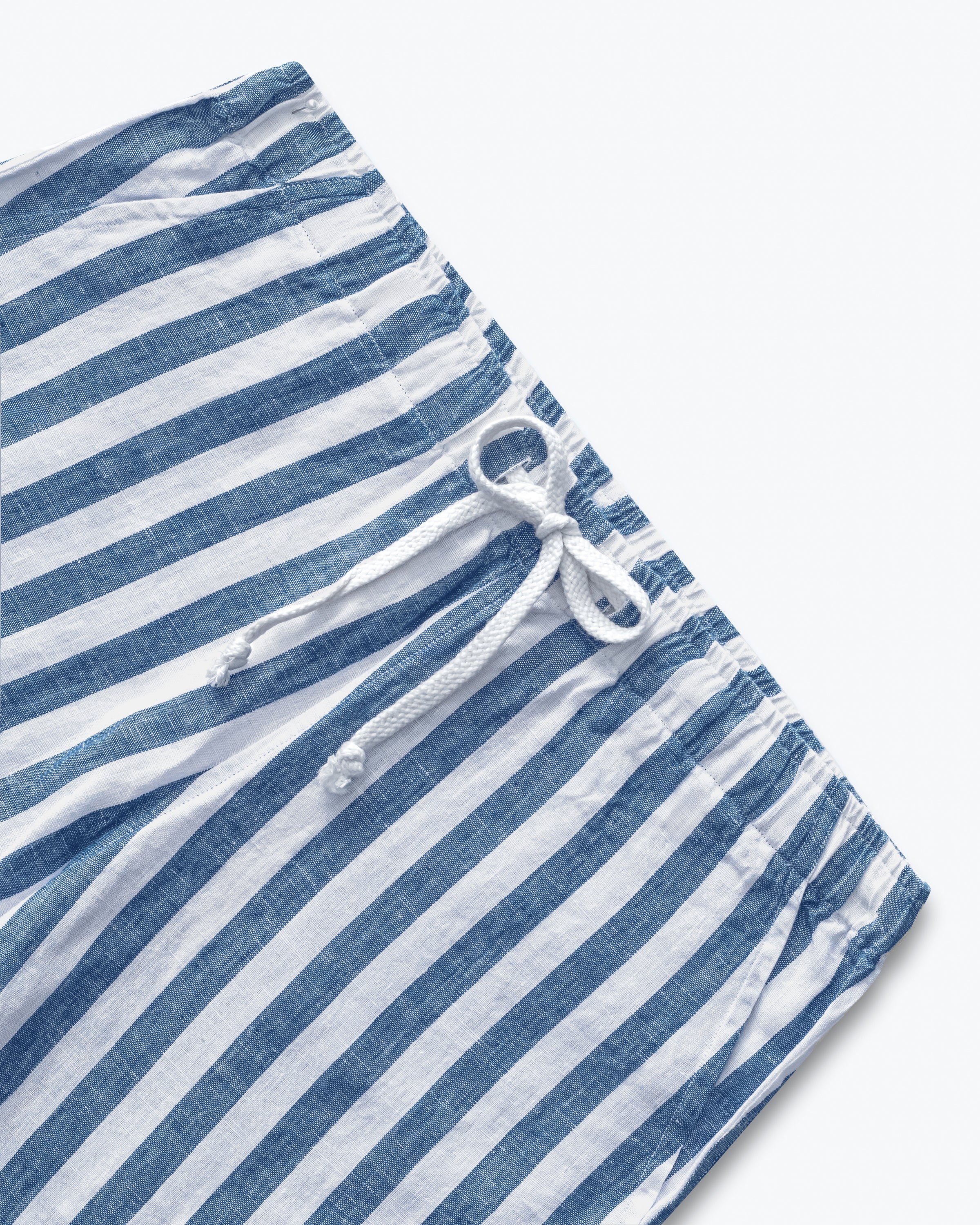 Bo Linen Drawstring Pants - Sustainable French Linen / Blue and White Thick Stripe Big Wave