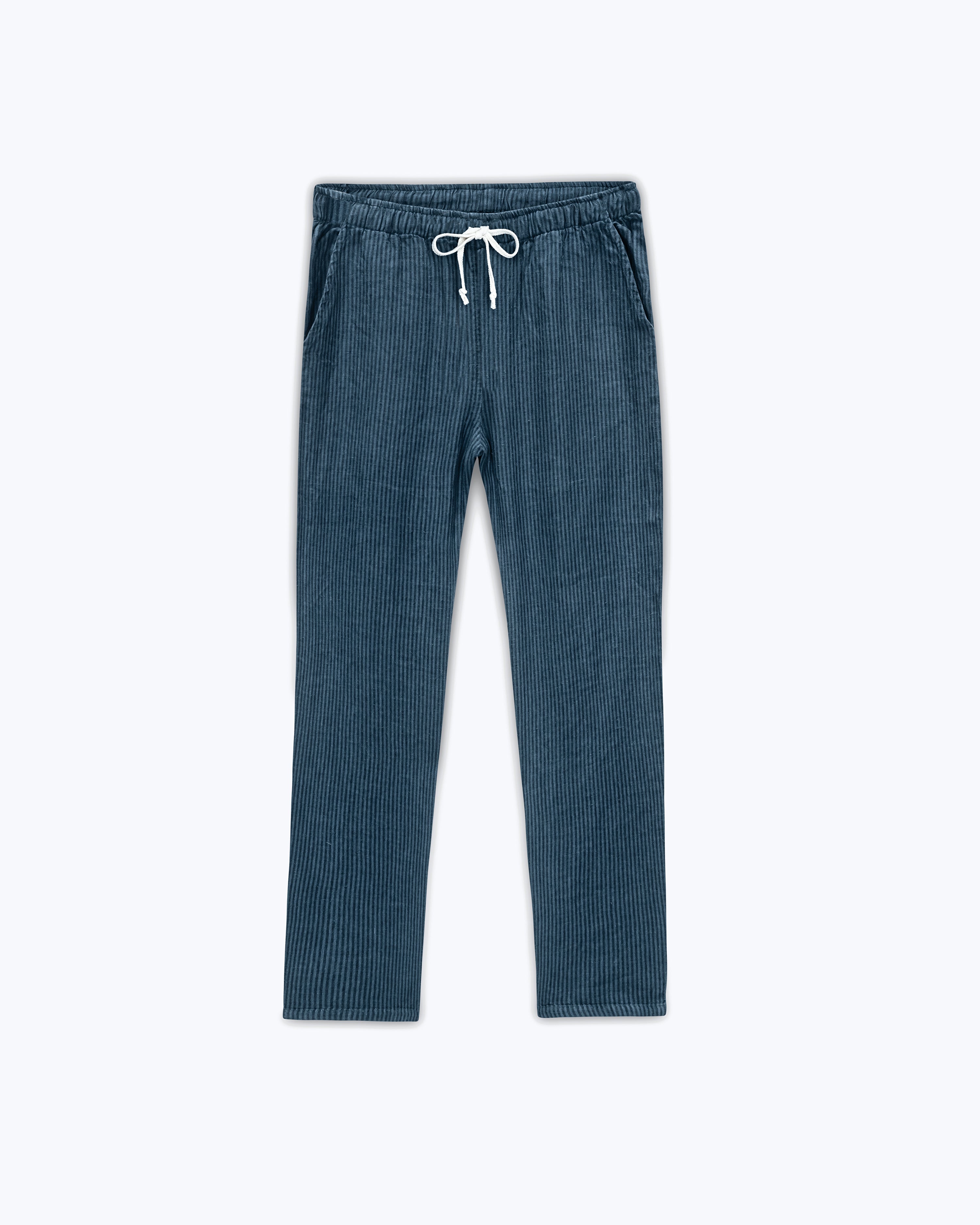 Bo Linen Drawstring Pants - Sustainable French Linen / Overdye Dusk Blue Stripes Lines