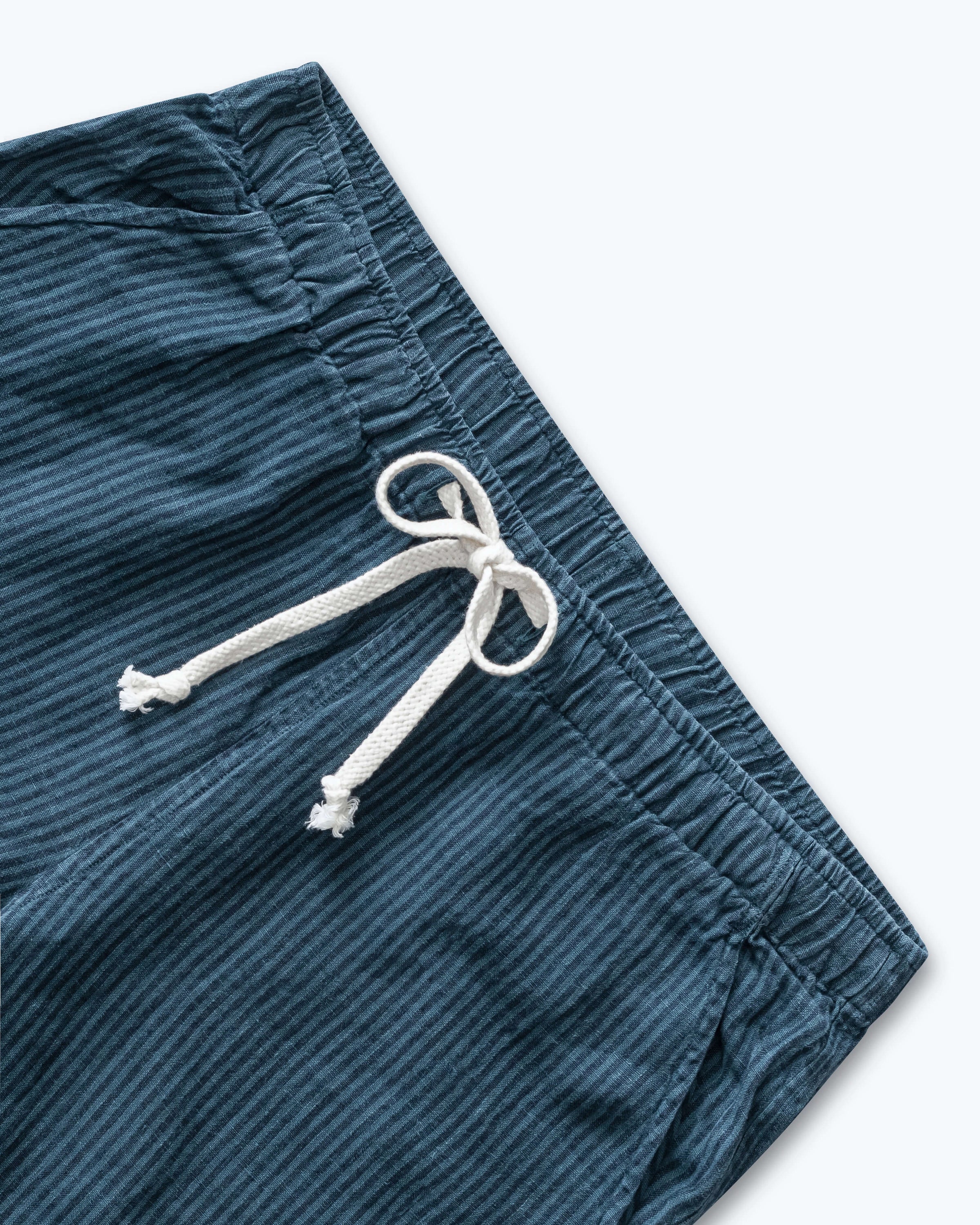 Bo Linen Drawstring Pants - Sustainable French Linen / Overdye Dusk Blue Stripes Lines