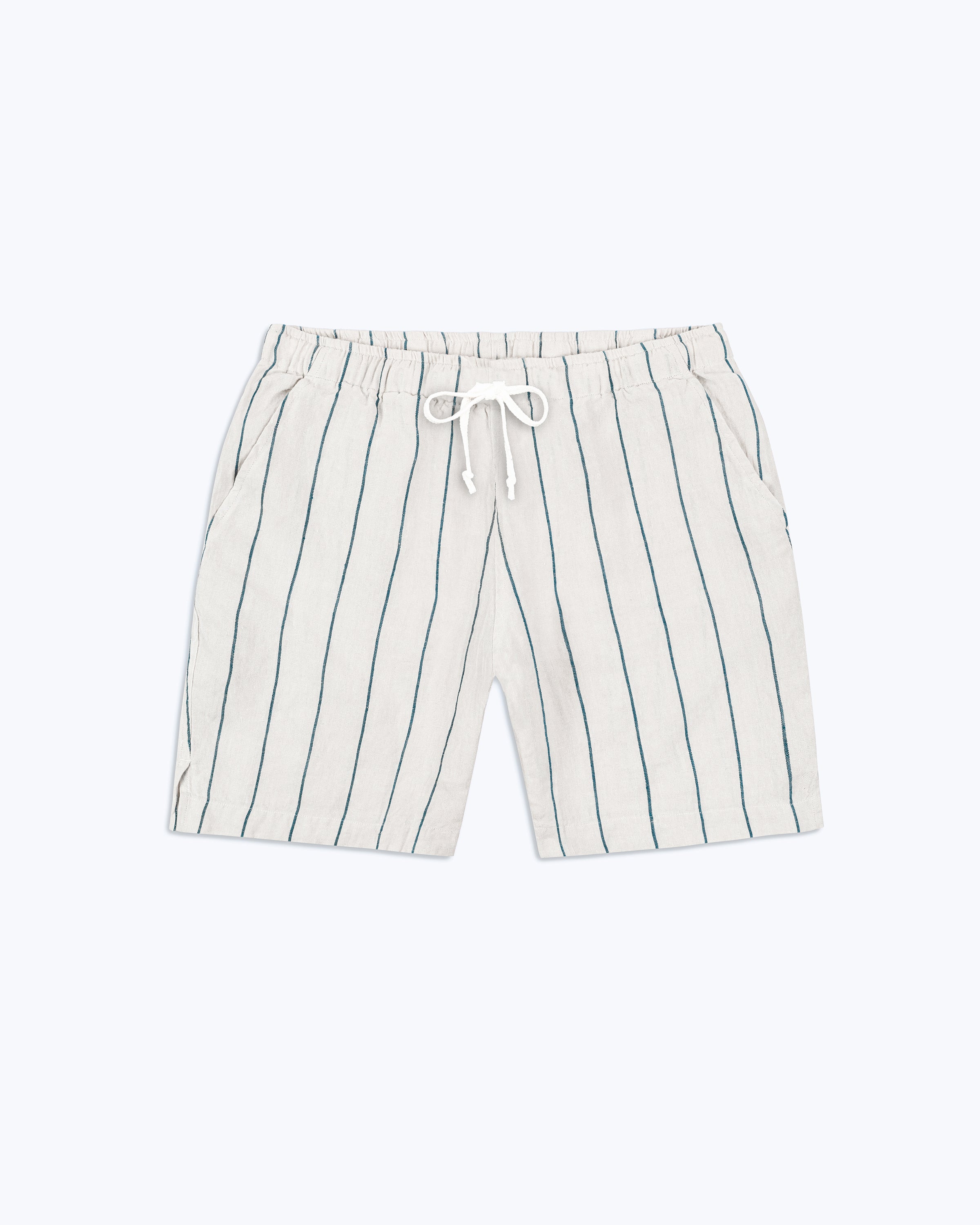 Bo Linen Drawstring Shorts - Sustainable French Linen / Natural and Blue Stripe Rio