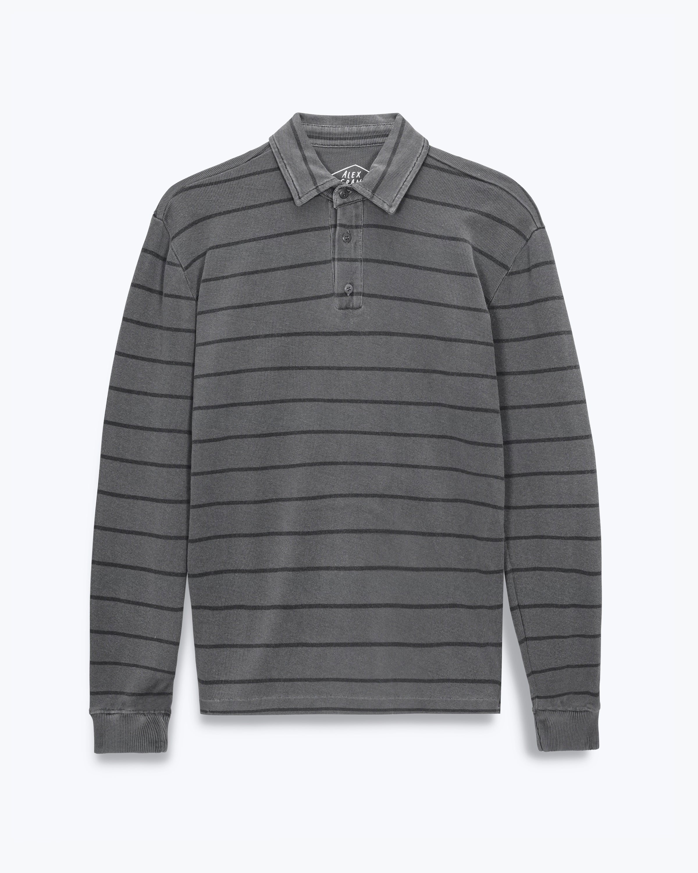 Caza Slubbly Organic Cotton Long Sleeve Polo / Striped Faded Grey and Dark Grey Slate Rio
