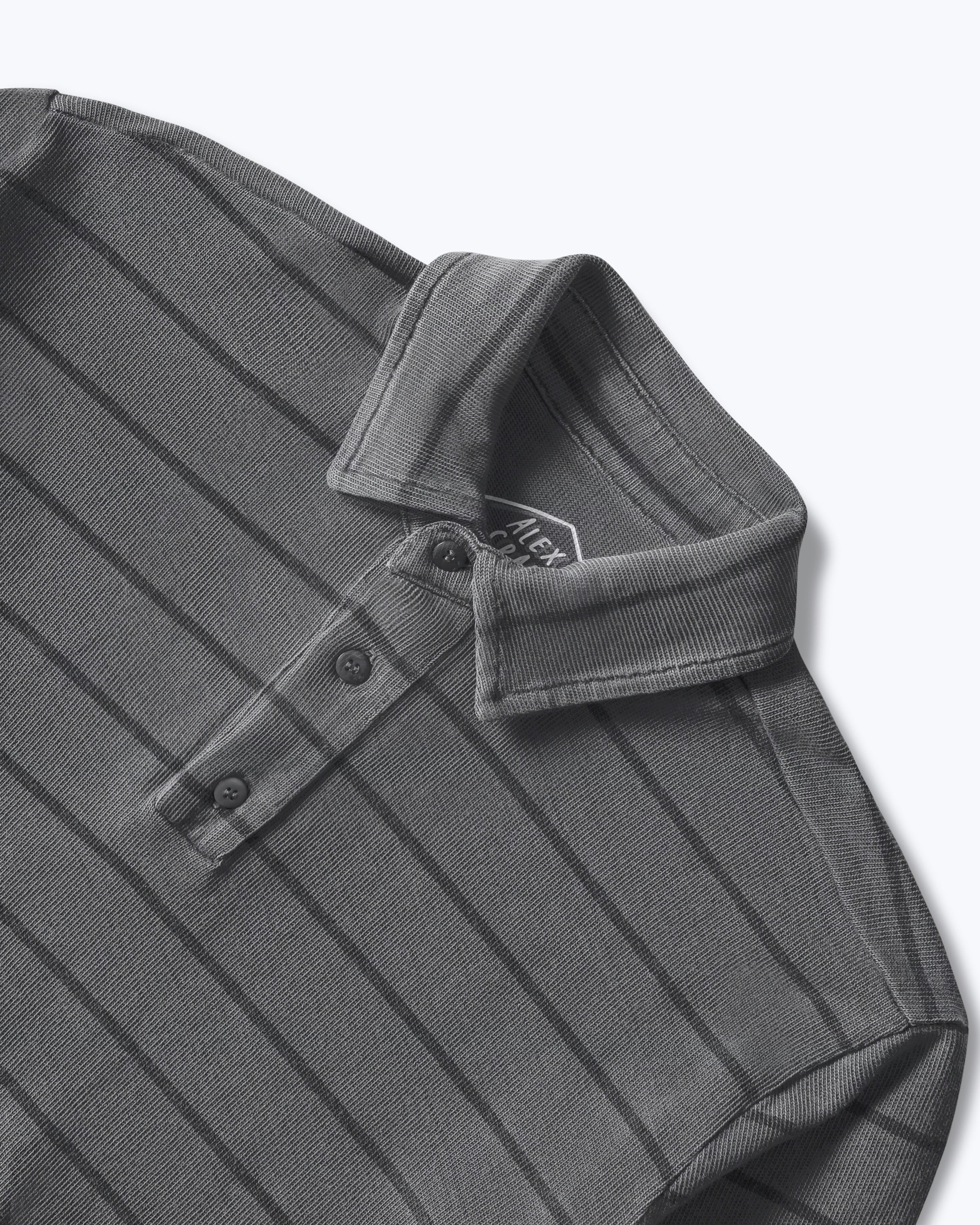 Caza Slubbly Organic Cotton Long Sleeve Polo / Striped Faded Grey and Dark Grey Slate Rio