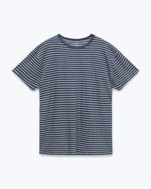 Sun Knit Linen T-Shirt - Sustainable French Linen / Blue and White Stripe Sail