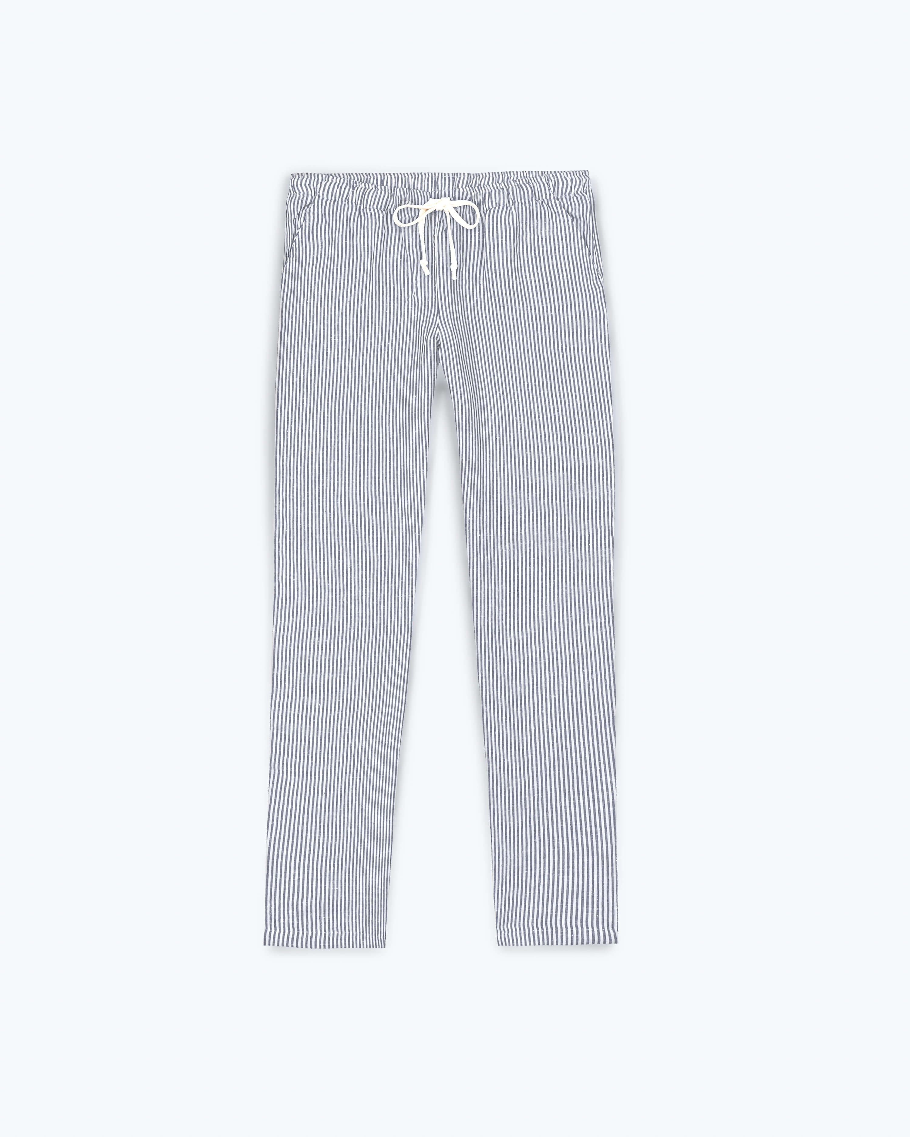 Bo Linen Drawstring Pants - Sustainable French Linen / Blue and White Stripe Lines