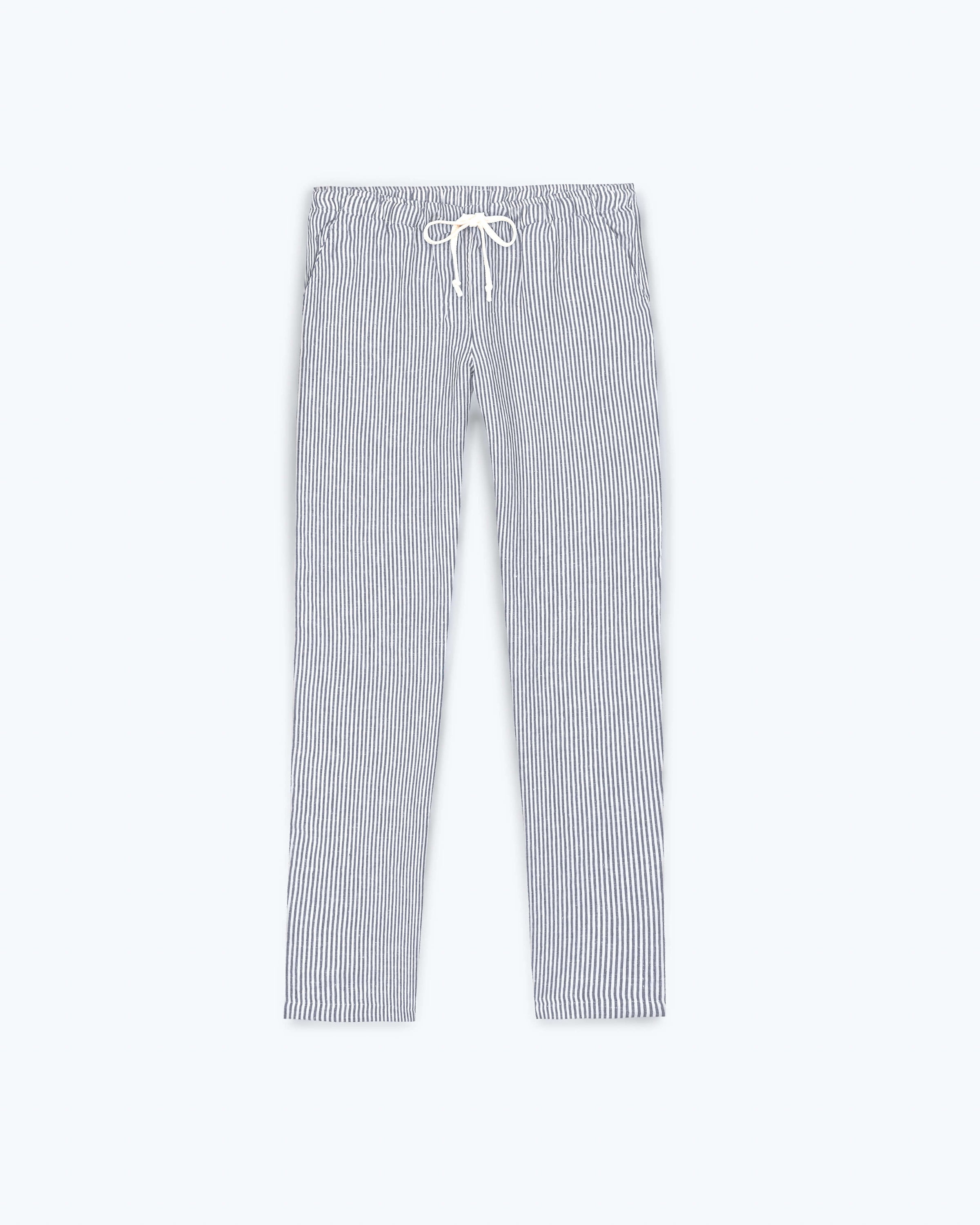Bo Linen Drawstring Pants - Sustainable French Linen / Blue and White Stripe Lines