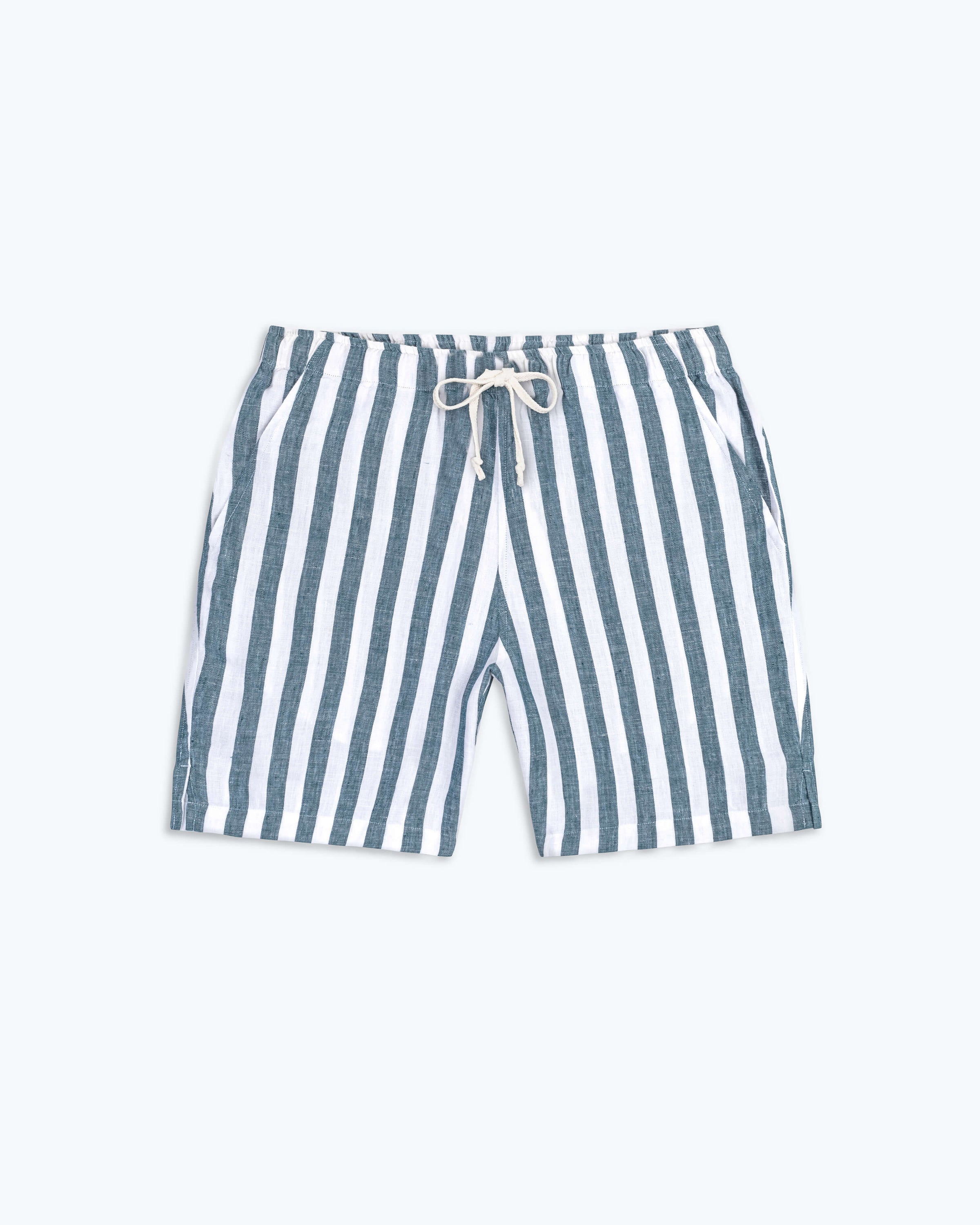 Bo Linen Drawstring Shorts - Sustainable French Linen / Blue and White Thick Stripe Big Wave
