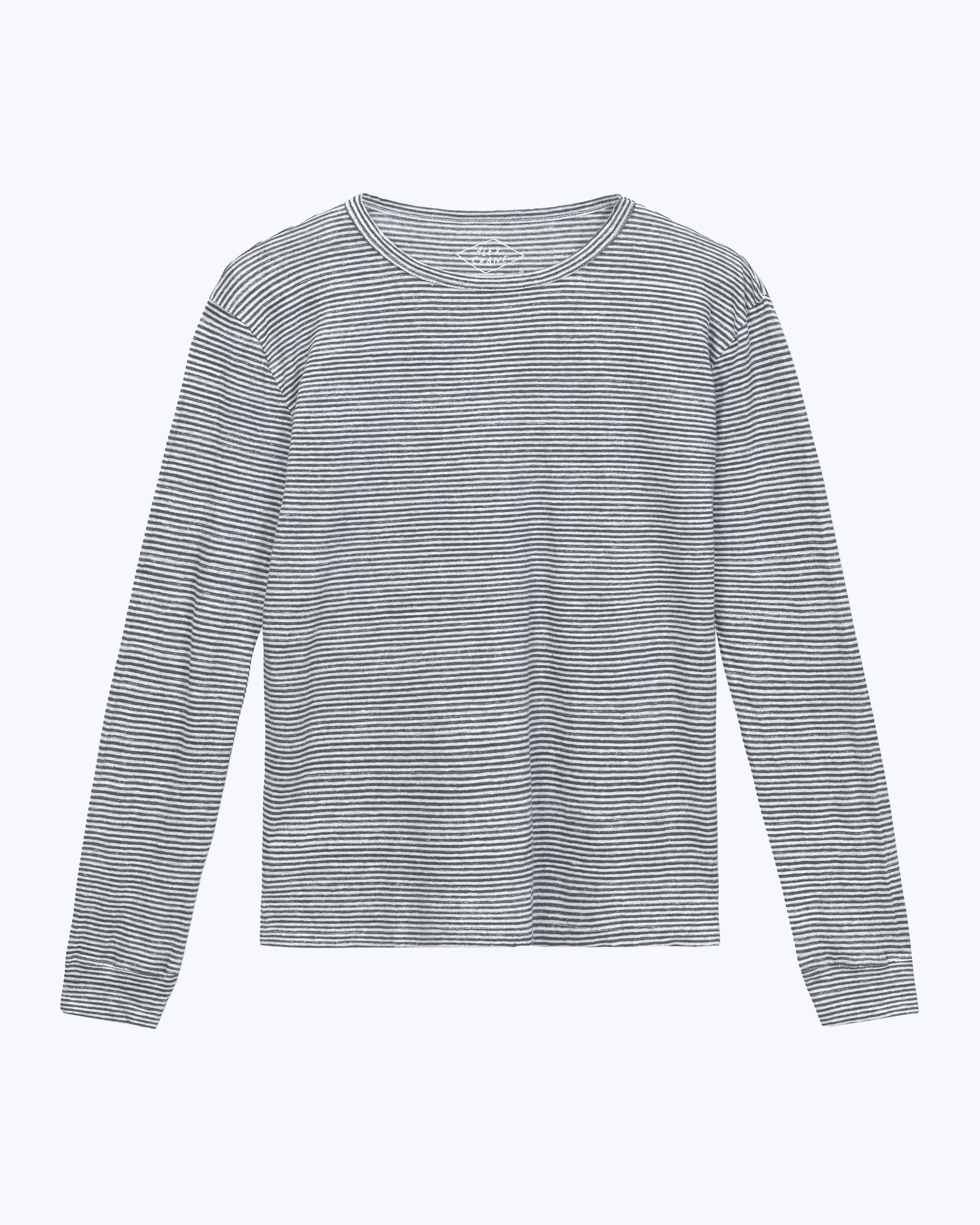 Sun Knit Linen Long Sleeve T-Shirt - Sustainable French Linen / Blue and White Stripe Lines