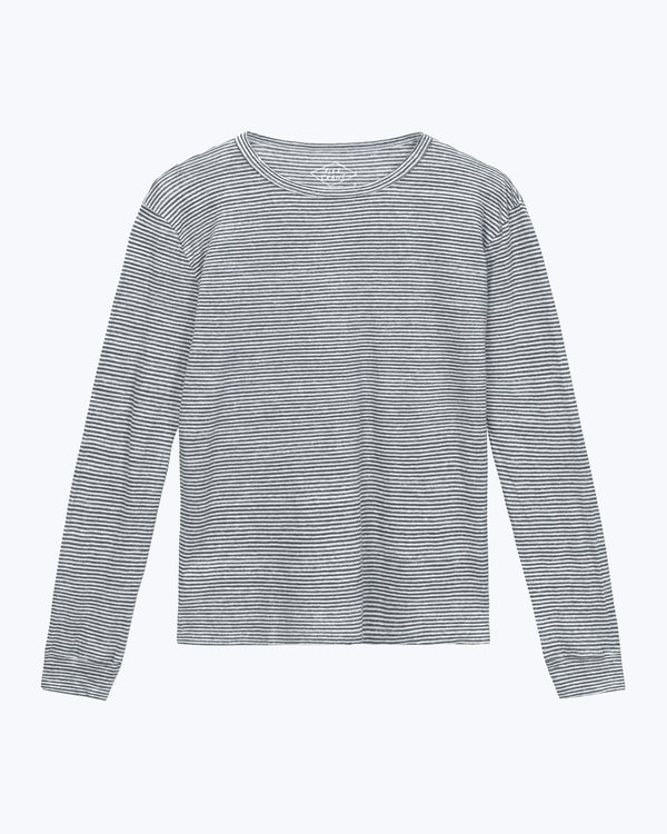 Sun Knit Linen Long Sleeve T-Shirt - Sustainable French Linen / Blue and White Stripe Lines