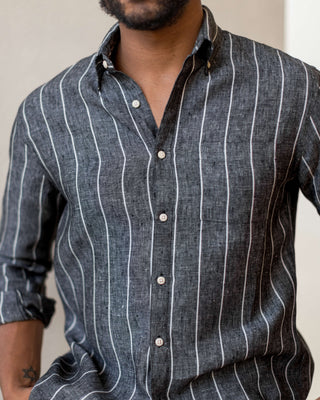 Playa Linen Button-Down Shirt - Sustainable French Linen / Chalk Stripe