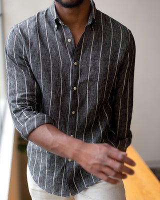 Playa Linen Button-Down Shirt - Sustainable French Linen / Chalk Stripe