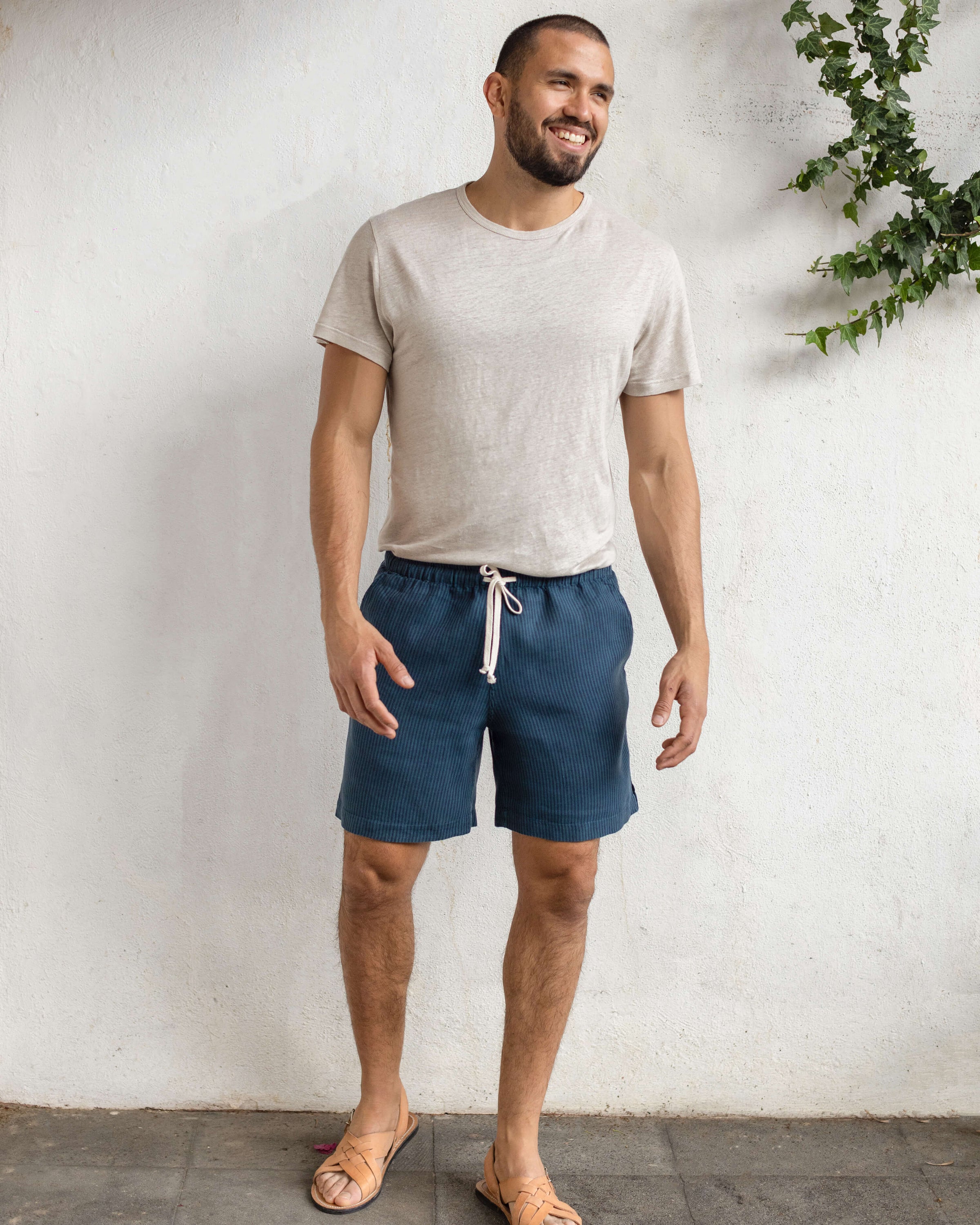 Bo Linen Drawstring Shorts - Sustainable French Linen / Overdye Dusk Blue Stripes Lines