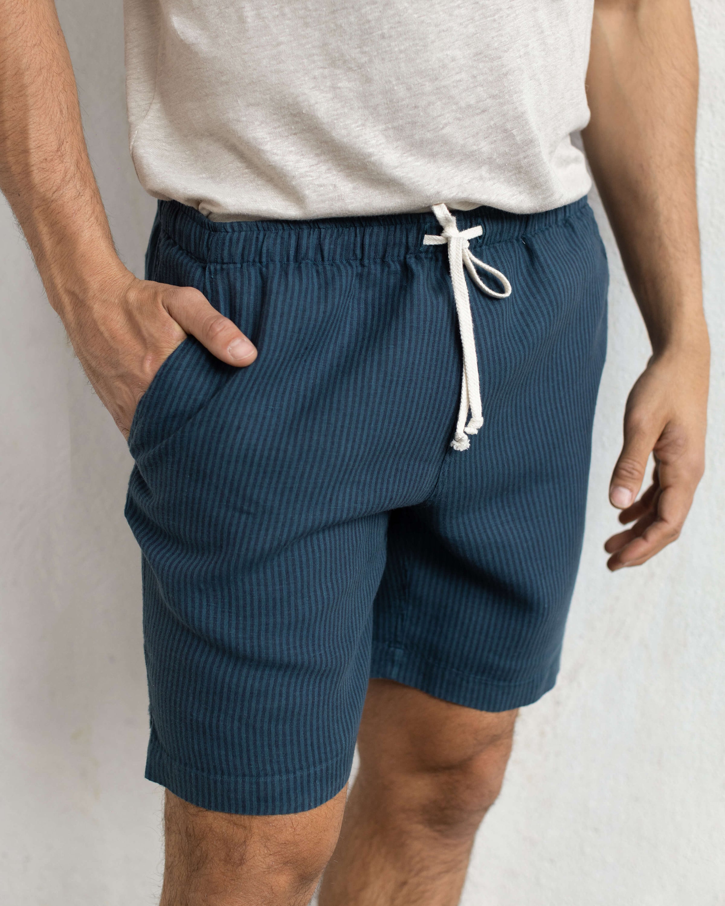 Bo Linen Drawstring Shorts - Sustainable French Linen / Overdye Dusk Blue Stripes Lines