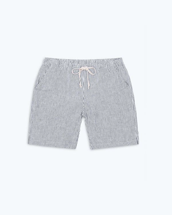 Bo Linen Drawstring Shorts - Sustainable French Linen / Blue and White Stripe Lines