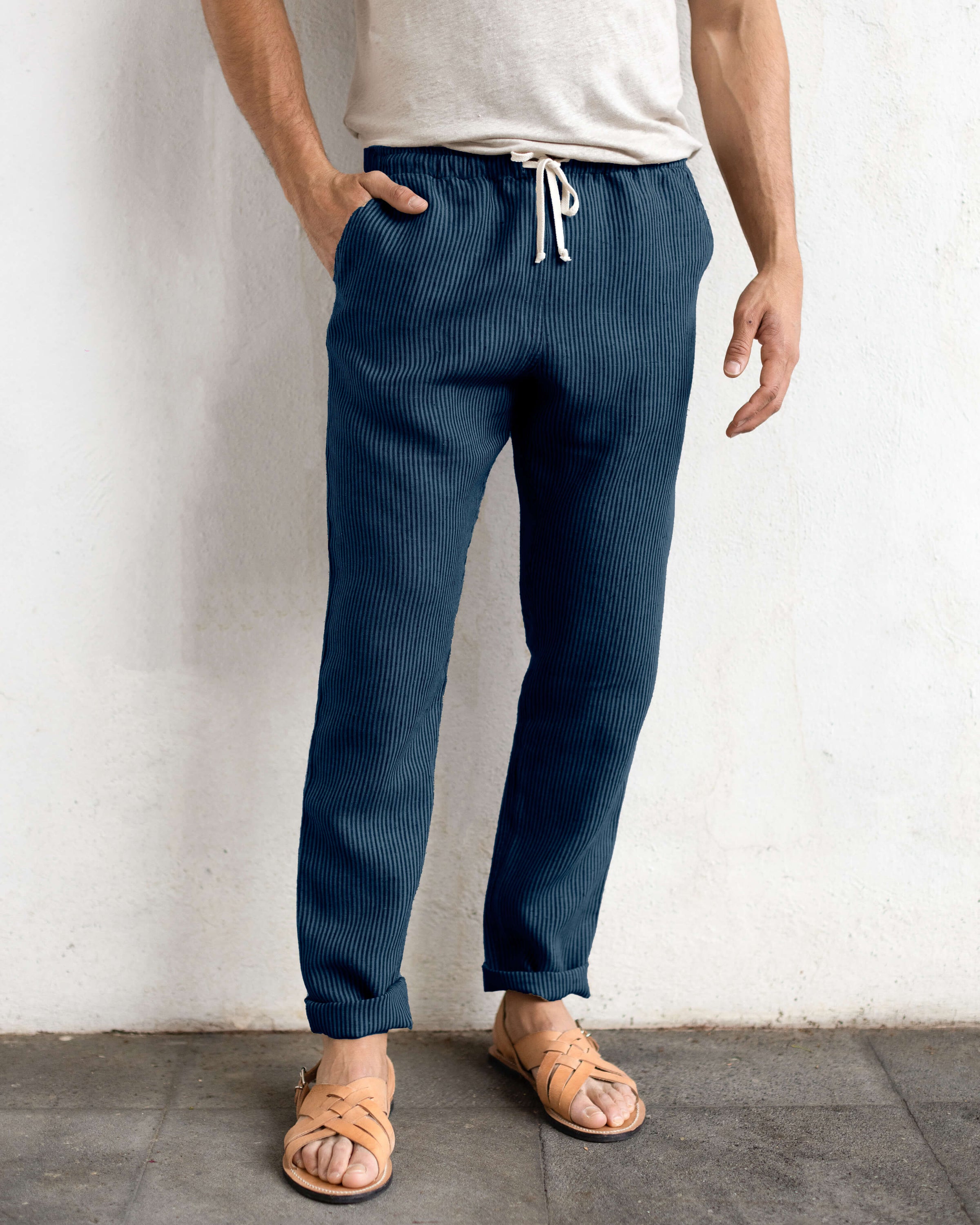Bo Linen Drawstring Pants - Sustainable French Linen / Overdye Dusk Blue Stripes Lines