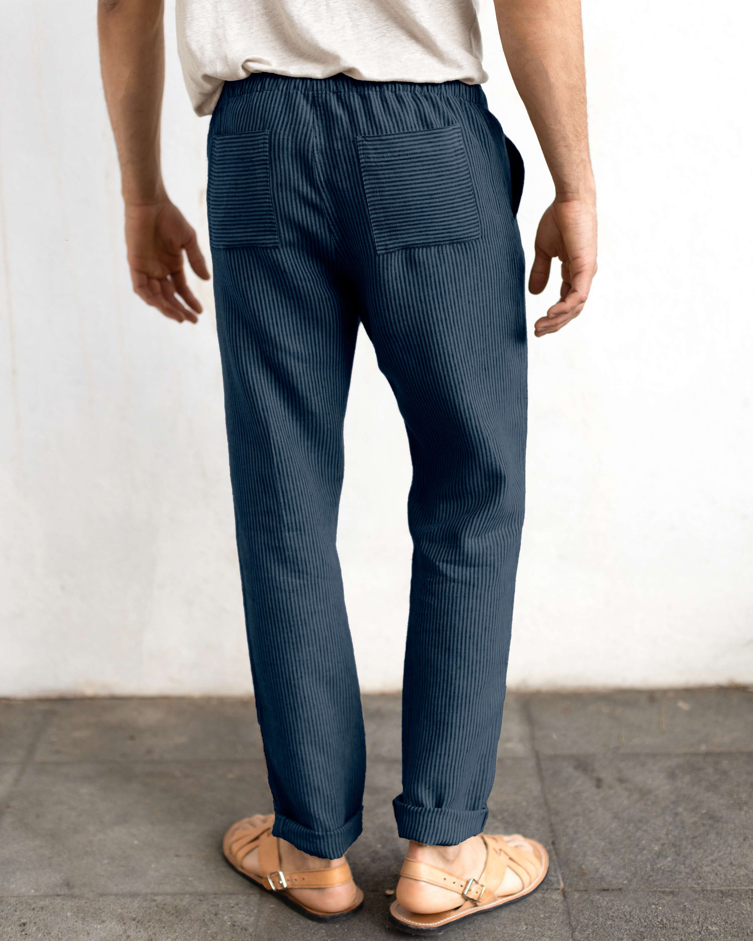 Bo Linen Drawstring Pants - Sustainable French Linen / Overdye Dusk Blue Stripes Lines