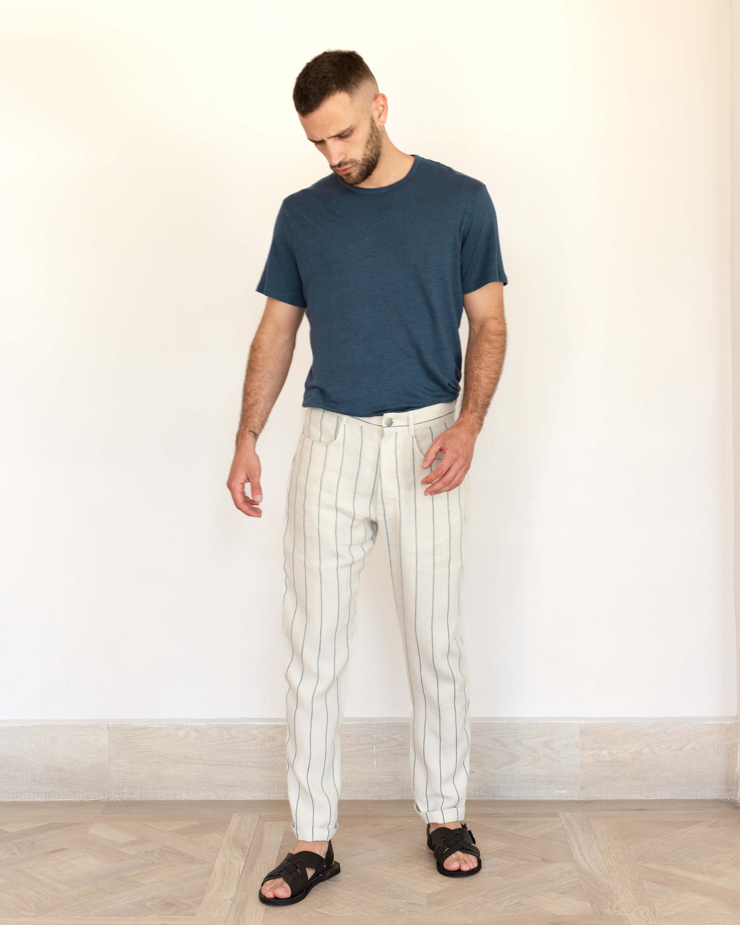 Cham Linen Pants - Sustainable French Linen / Natural and Blue Stripe Rio