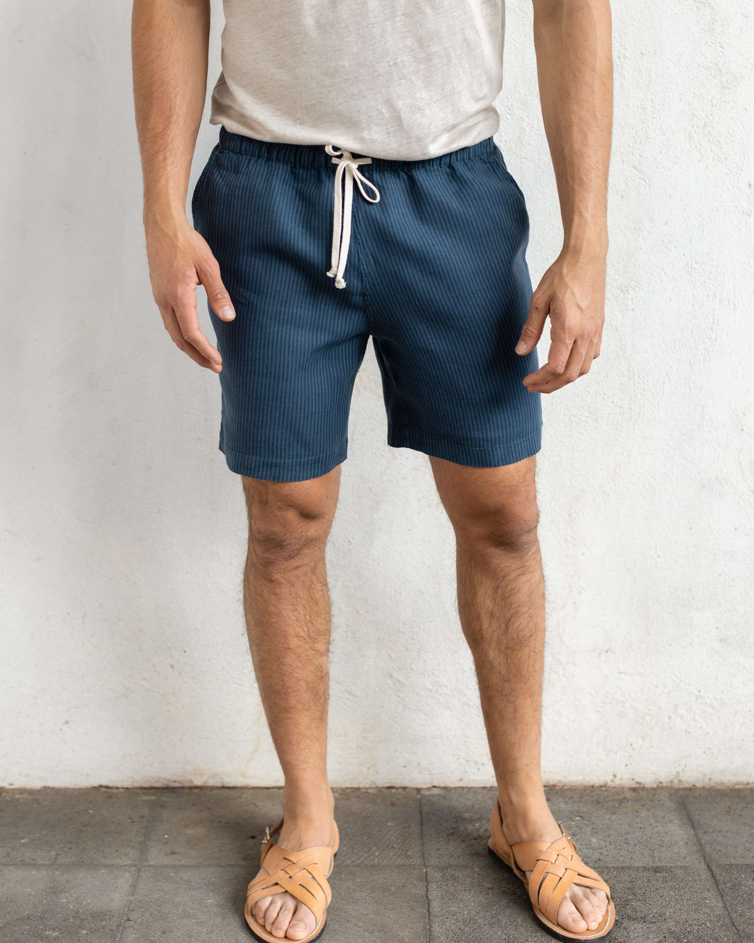 Bo Linen Drawstring Shorts - Sustainable French Linen / Overdye Dusk Blue Stripes Lines