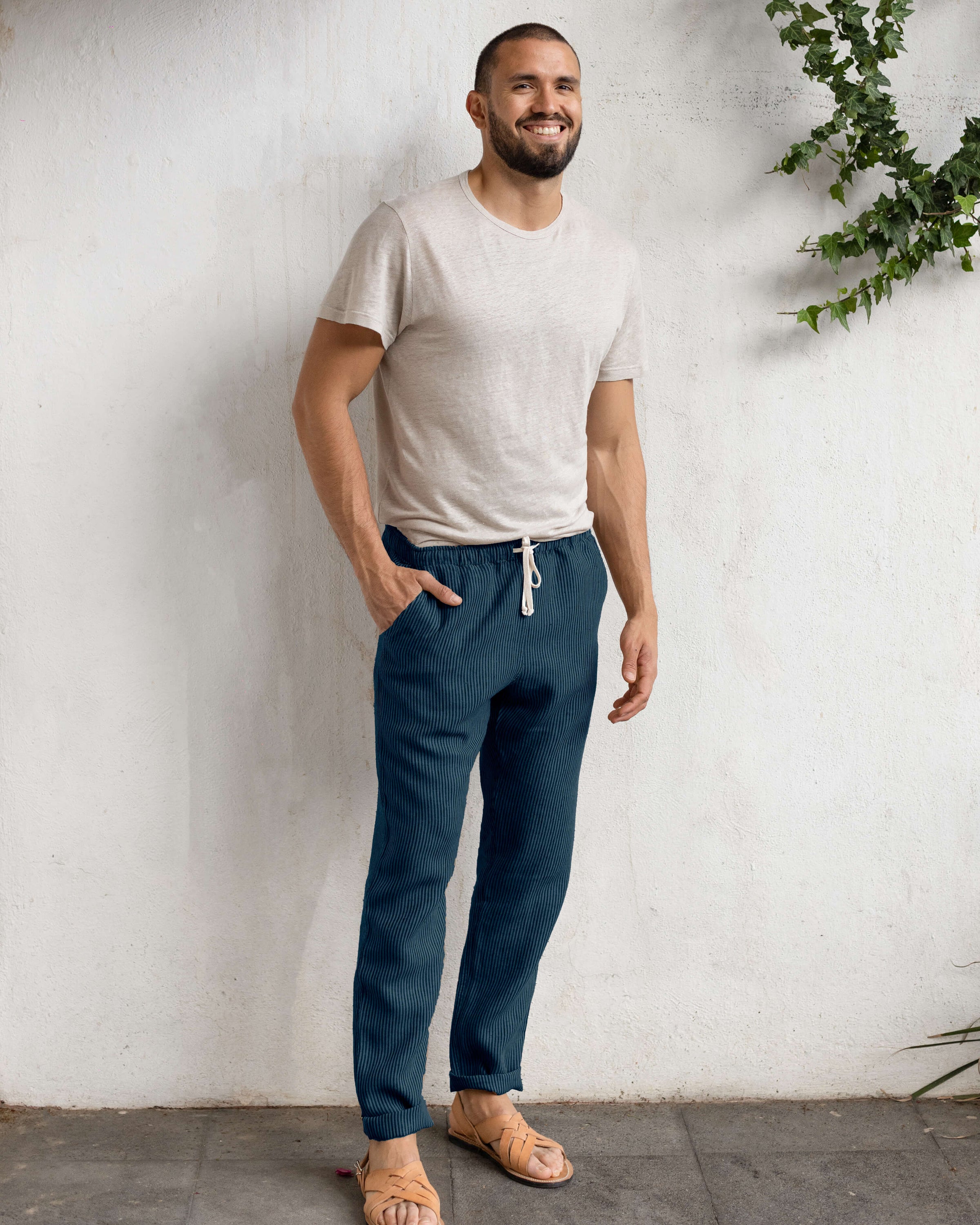 Bo Linen Drawstring Pants - Sustainable French Linen / Overdye Dusk Blue Stripes Lines