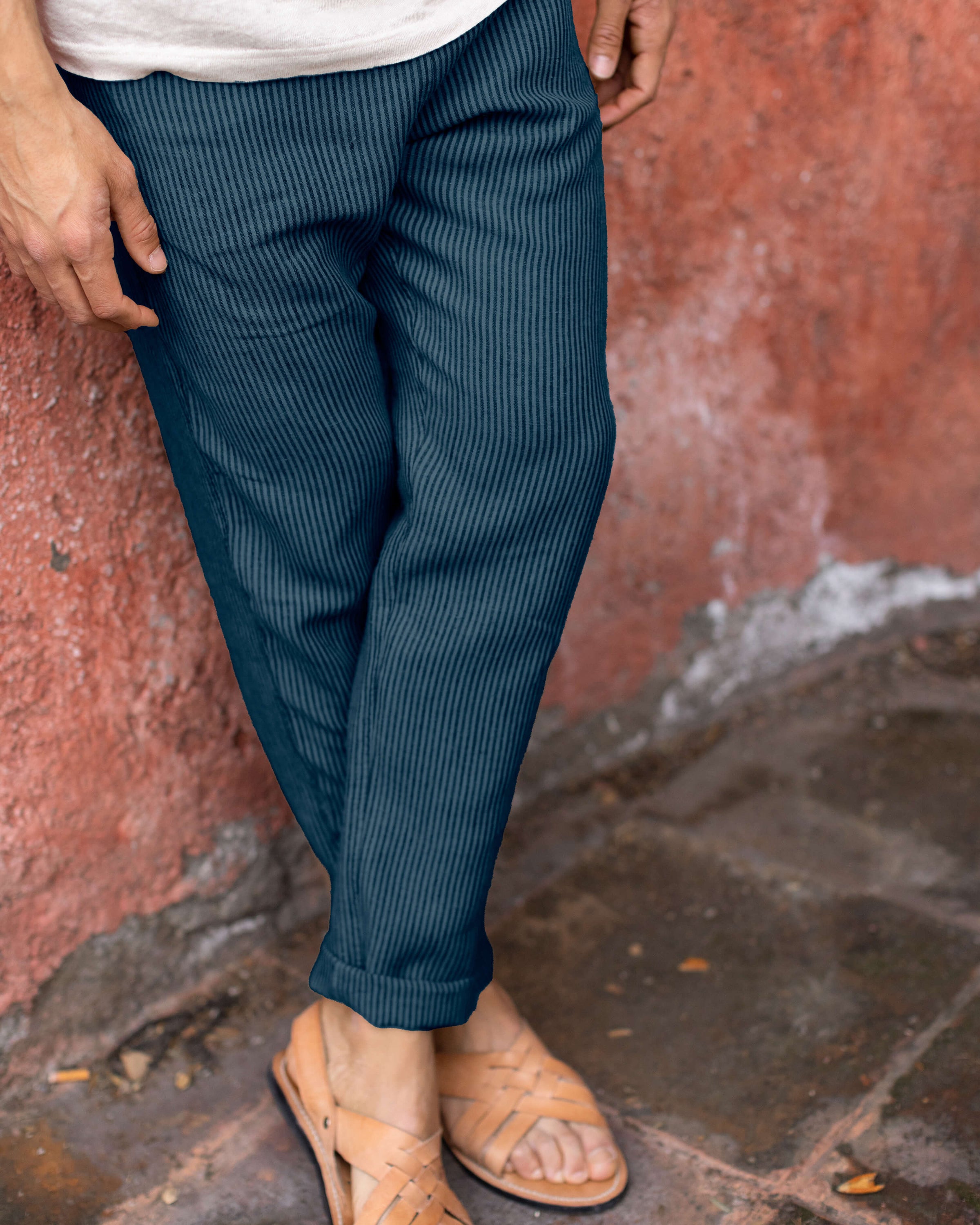 Bo Linen Drawstring Pants - Sustainable French Linen / Overdye Dusk Blue Stripes Lines