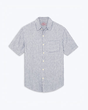 Ola Linen Short Sleeve Shirt - Sustainable French Linen / Blue and White Stripe Lines