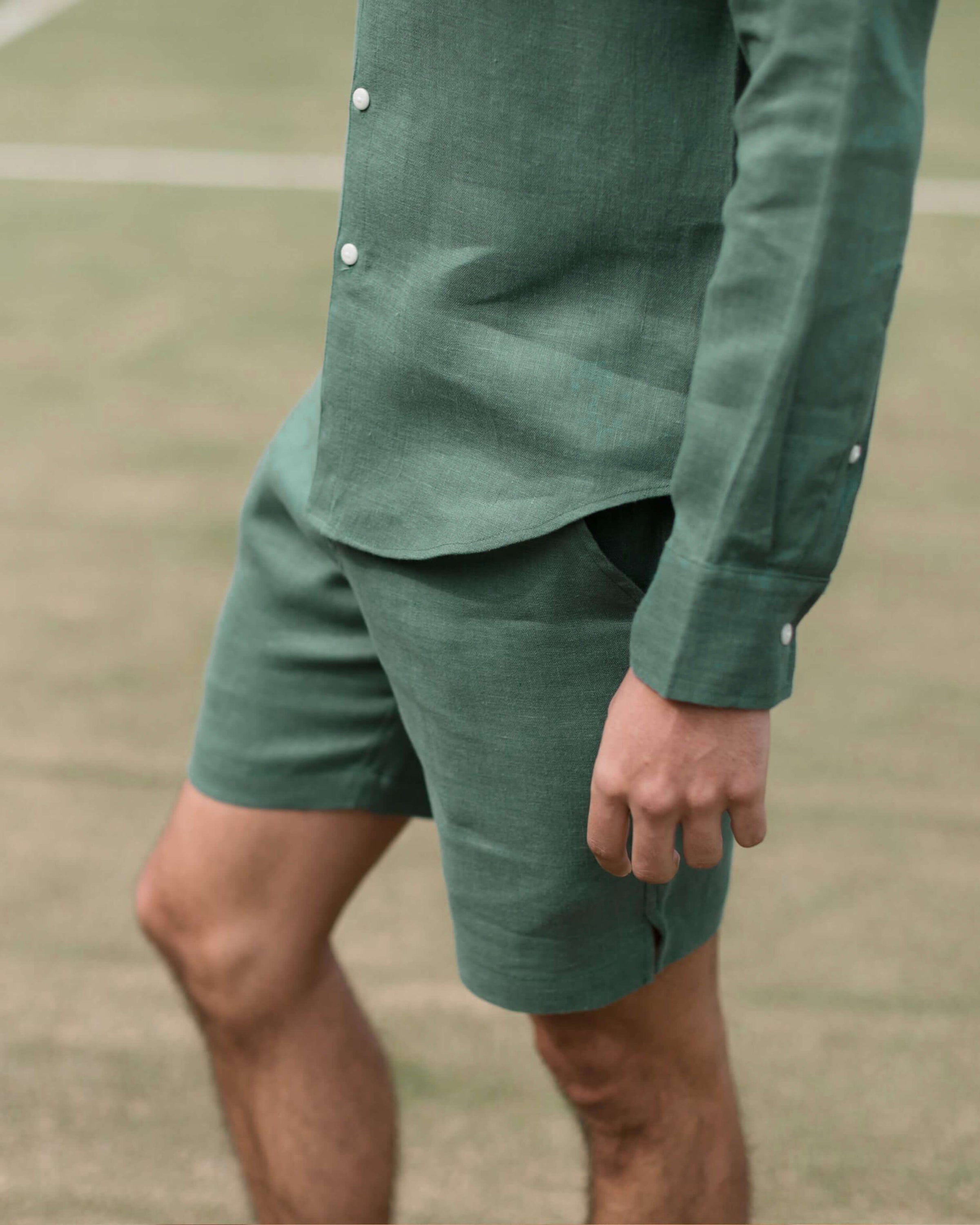 Bo Linen Drawstring Shorts - Sustainable French Linen / Forest Green Pine