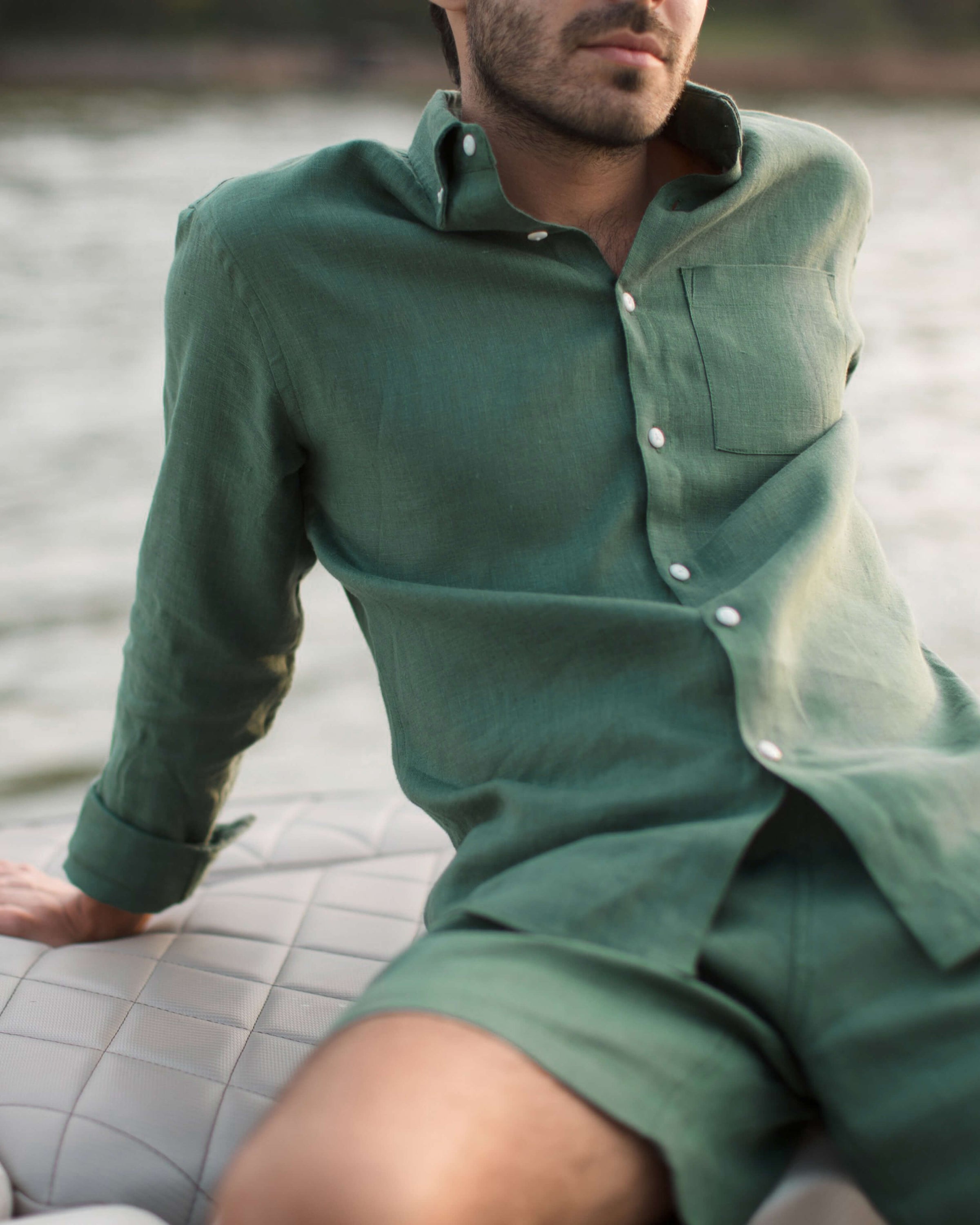 Playa Linen Button-Down Shirt - Sustainable French Linen / Forest Green Pine