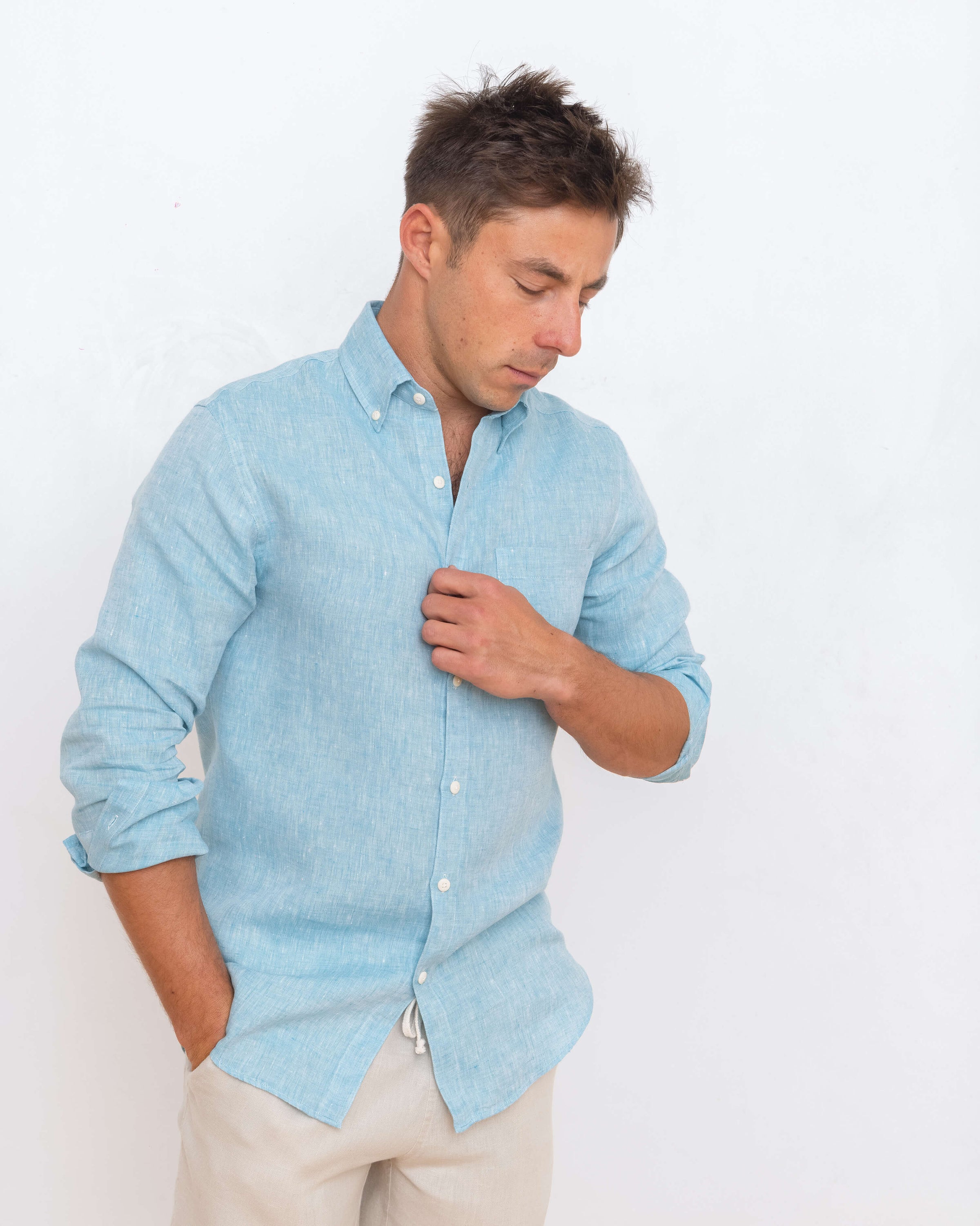 Playa Linen Button-Down Shirt - Sustainable French Linen / Hearther Blue Sky